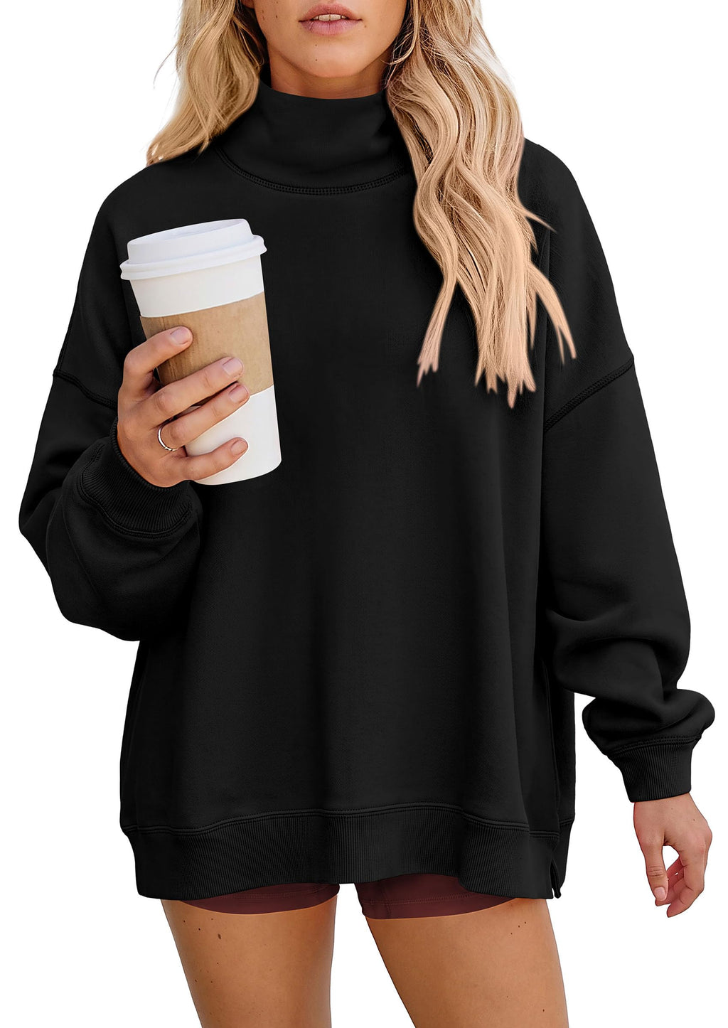 PRETTYGARDEN Womens Mock Neck Sweatshirt Oversized Pullover Loose Fit,Side Pockets,Long Sleeve Drop Shoulder Tops,Casual Lounge Work Travel Airport Outfits,Fall Fashion Winter Clothes