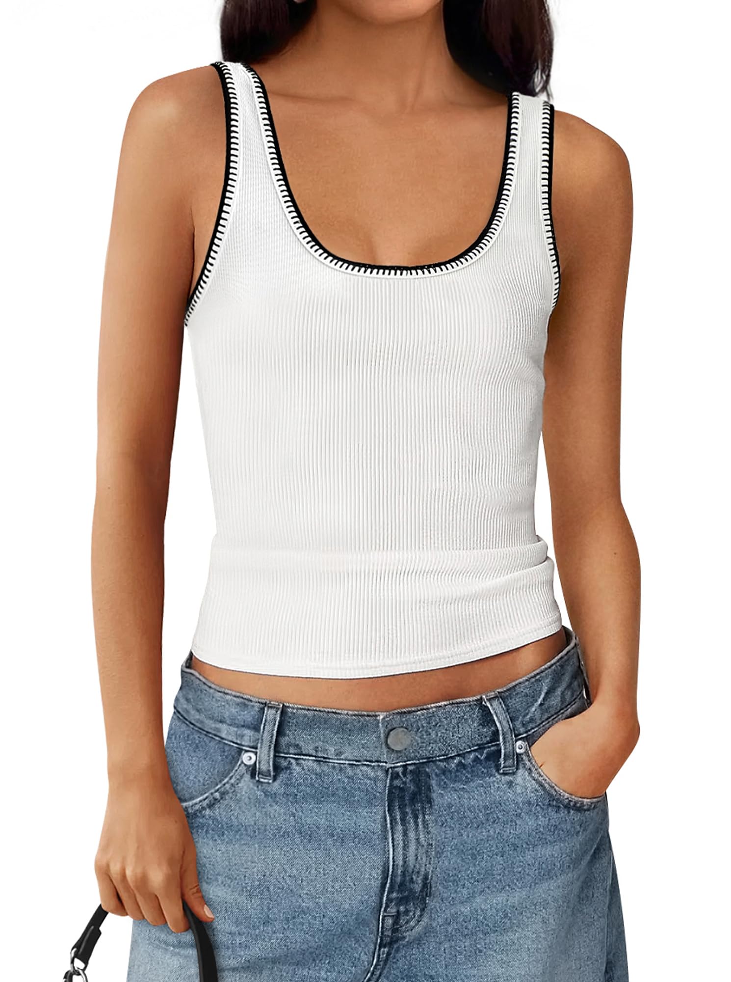 FreshPretty Sleeveless Tops for Women Summer Scoop Neck Tank Stitch Ribbed Knit Sweater Vest Casual Beach Vacation Outfit