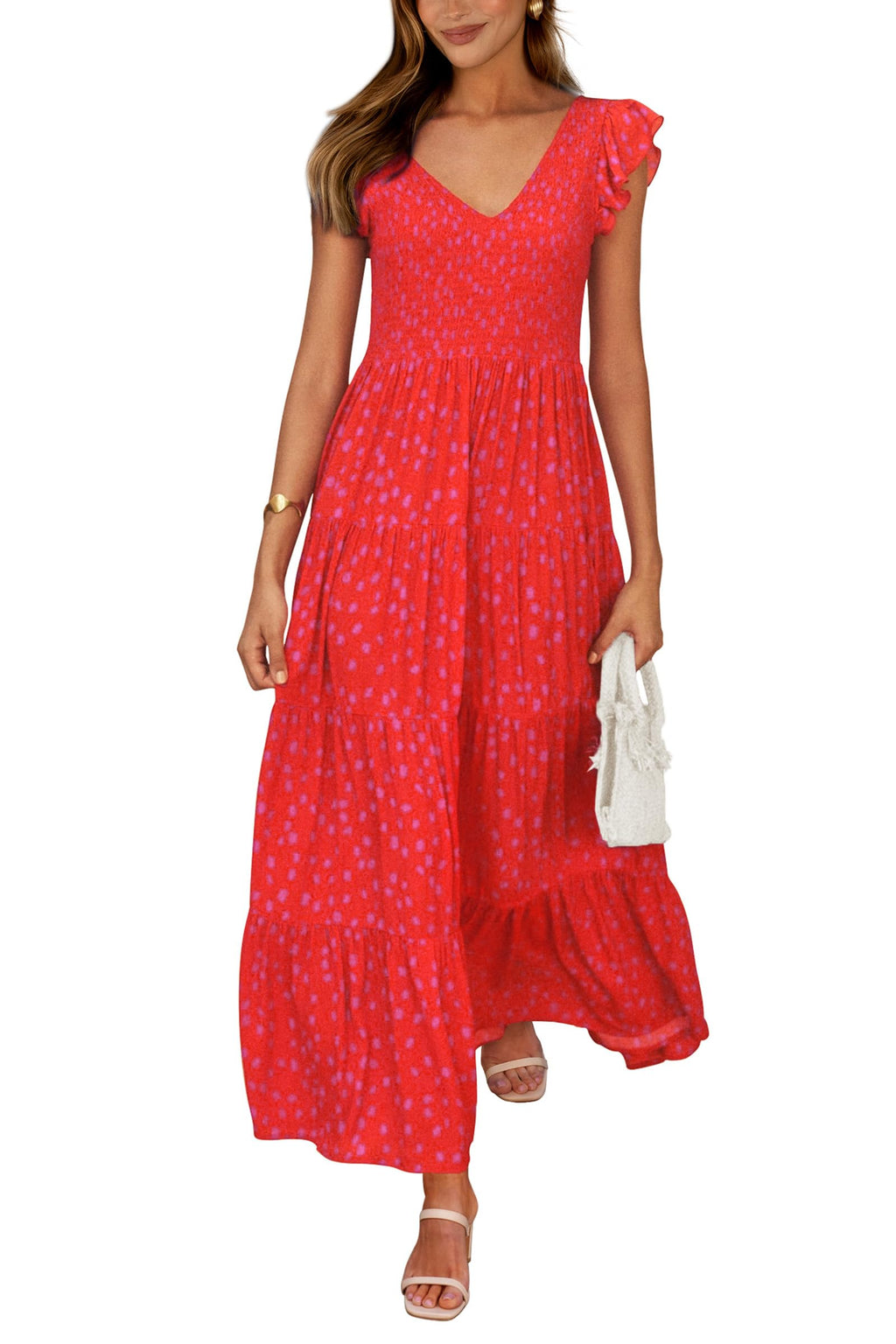 Visit the PRETTYGARDEN Store PRETTYGARDEN Women's Summer Floral Midi Dress Cap Sleeve V Neck Ruffle Long Flowy Boho Casual Beach Vacation Dresses