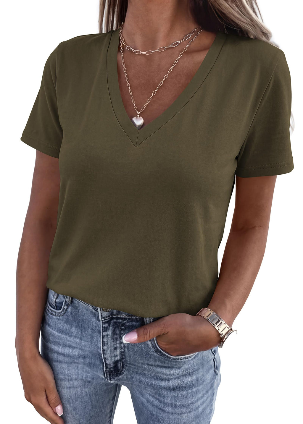 FreshPretty V Neck T Shirts for Women Summer Tops Spring Short Sleeve Dressy Casual Blouses Basic Tees Fashion Clothing