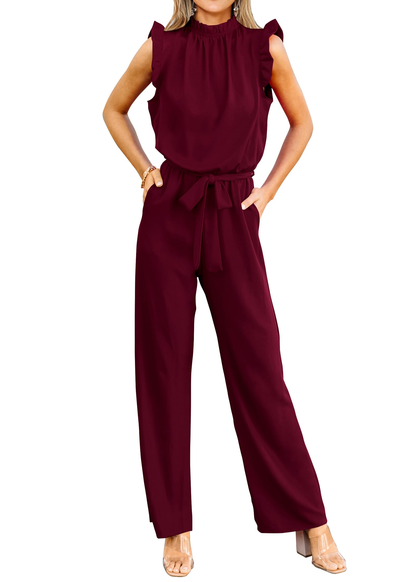 FreshPretty Jumpsuits For Women Dressy Summer One Piece Sleeveless Ruffle Mock Neck Belt Pockets Formal Wide Leg Pants Romper