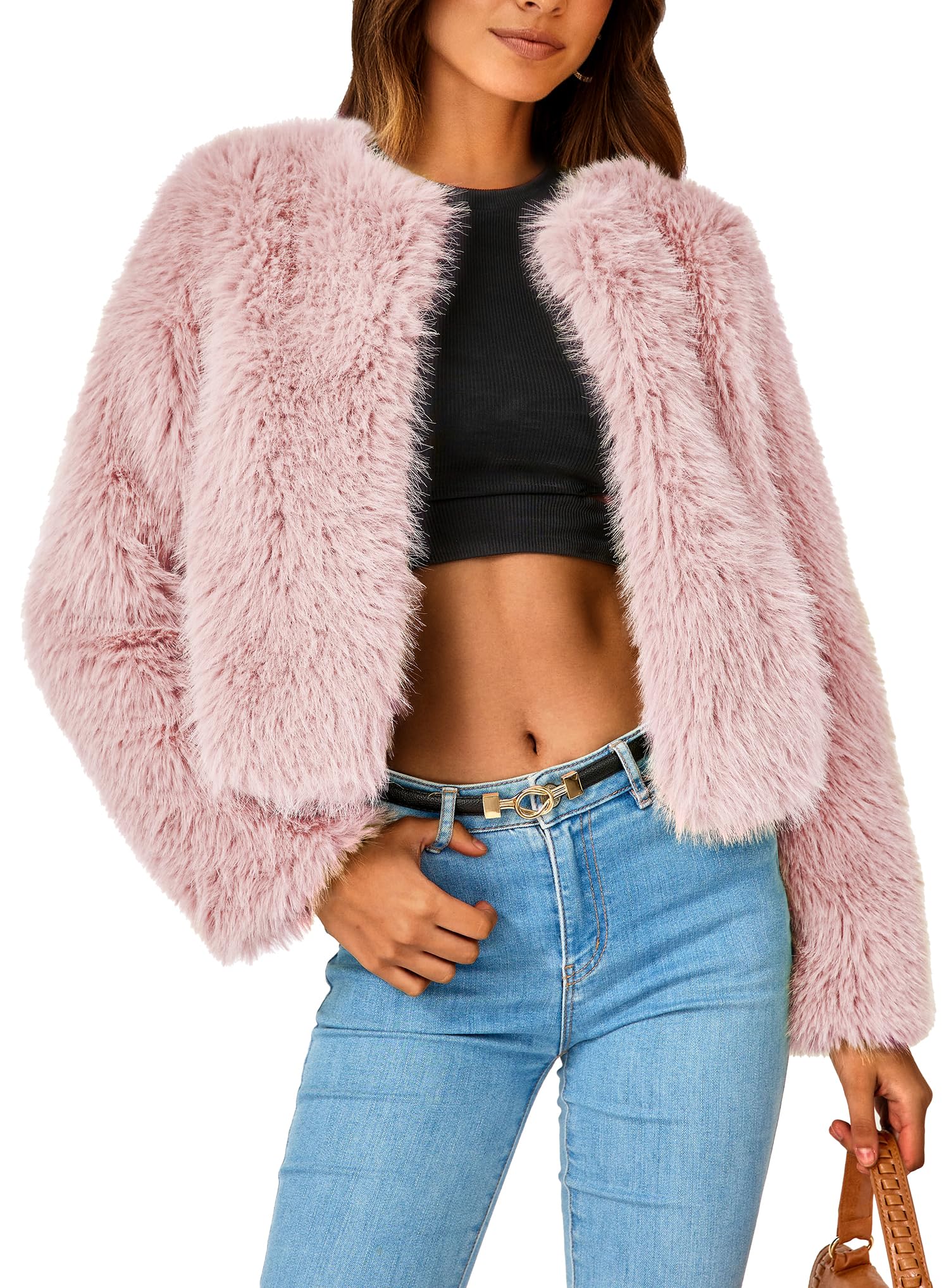 PRETTYGARDEN Women's Winter Coats Fleece Cropped Jacket Faux Fur Long Sleeve Pockets Shaggy Warm Outerwear Fall Clothes
