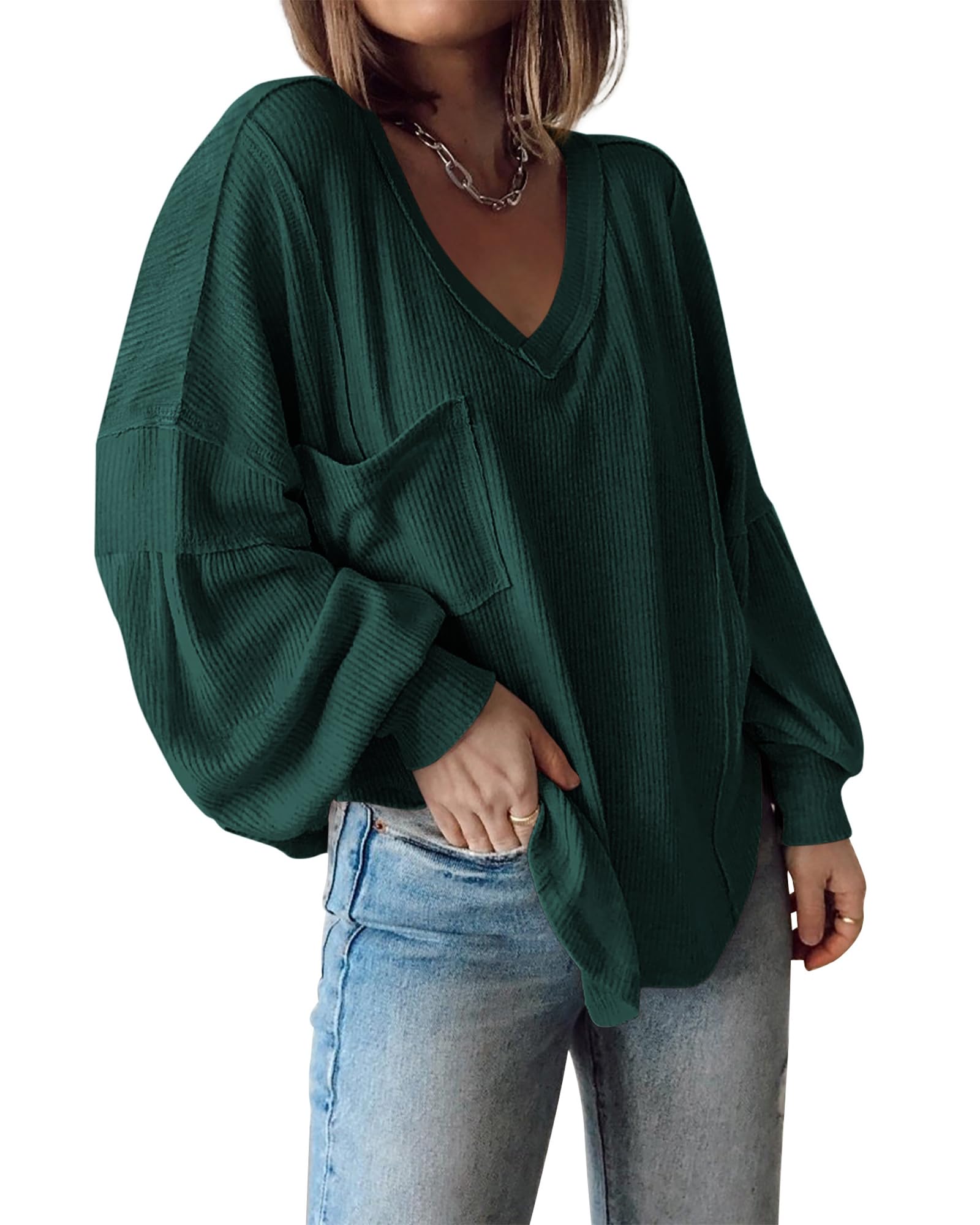 FreshPretty Womens Fall Fashion Long Sleeve Shirts Casual V Neck Ribbed Knit Blouses Pullover Trendy Loose Fit Tunic Tops