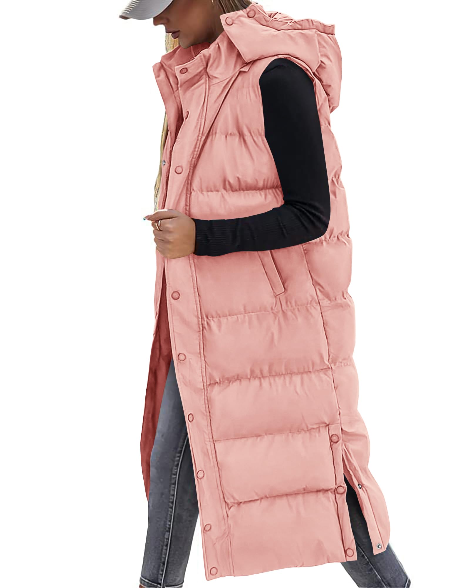 FreshPretty Long Puffer Vest Women Quilted Hooded Button Down Zip Up Sleeveless Vests Outerwear Padded Jacket Fall Winter Coat