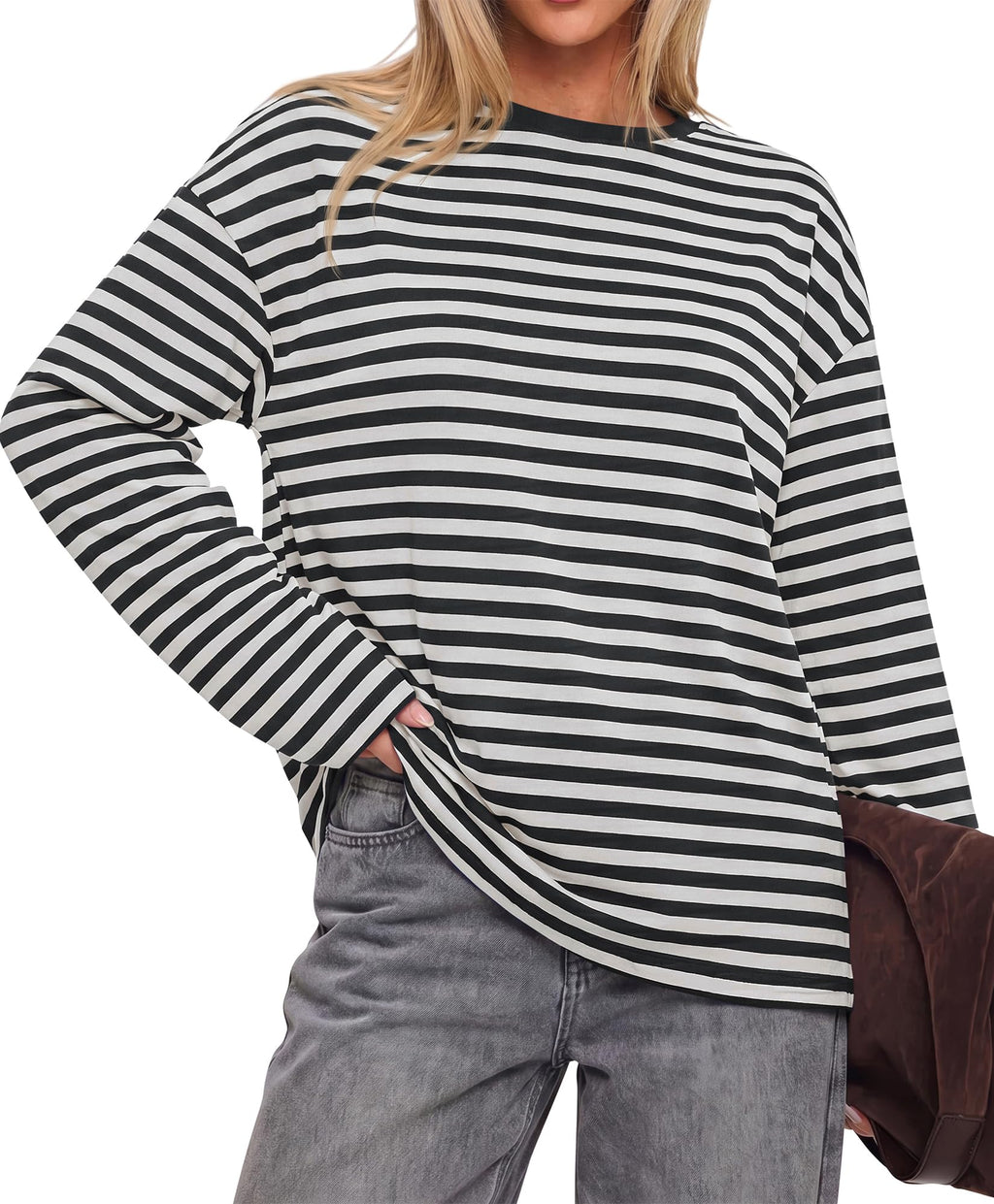 BTFBM Womens Long Sleeve Tops Fall Fashion | Lightweight, Crew Neck, Oversized Striped Shirt Women, Y2k Clothes, Vacation Travel Outfits, Going Out Top, Winter Layering