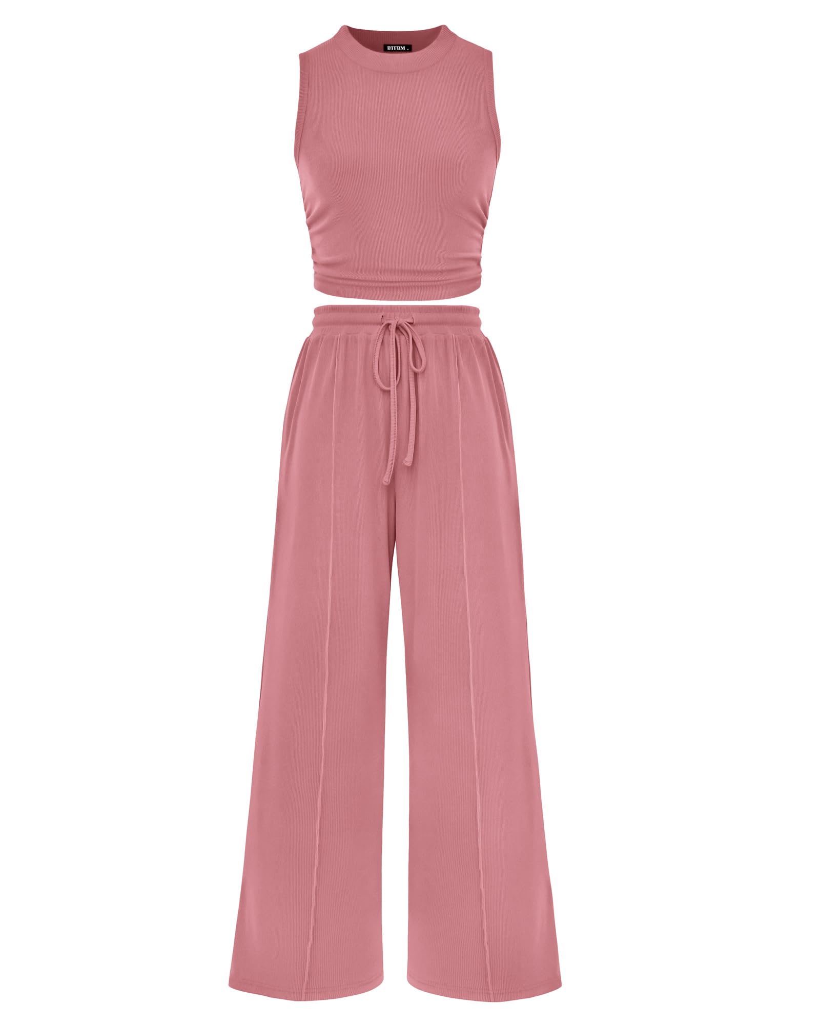 BTFBM Summer Outfits For Women Cropped Sleeveless Tank Tops Wide Leg Pants 2 Piece Sets Beach Lounge Set Clothing
