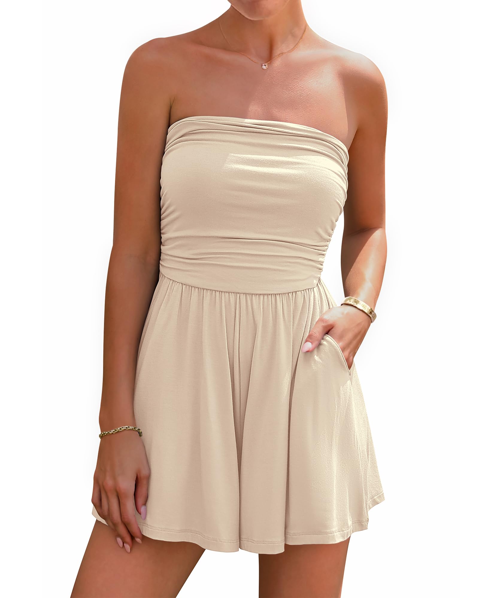 BTFBM Womens Romper Spring Summer Strapless Tube Tops Beach Vacation Clothes Boho Loose Shorts Jumpsuits Pockets
