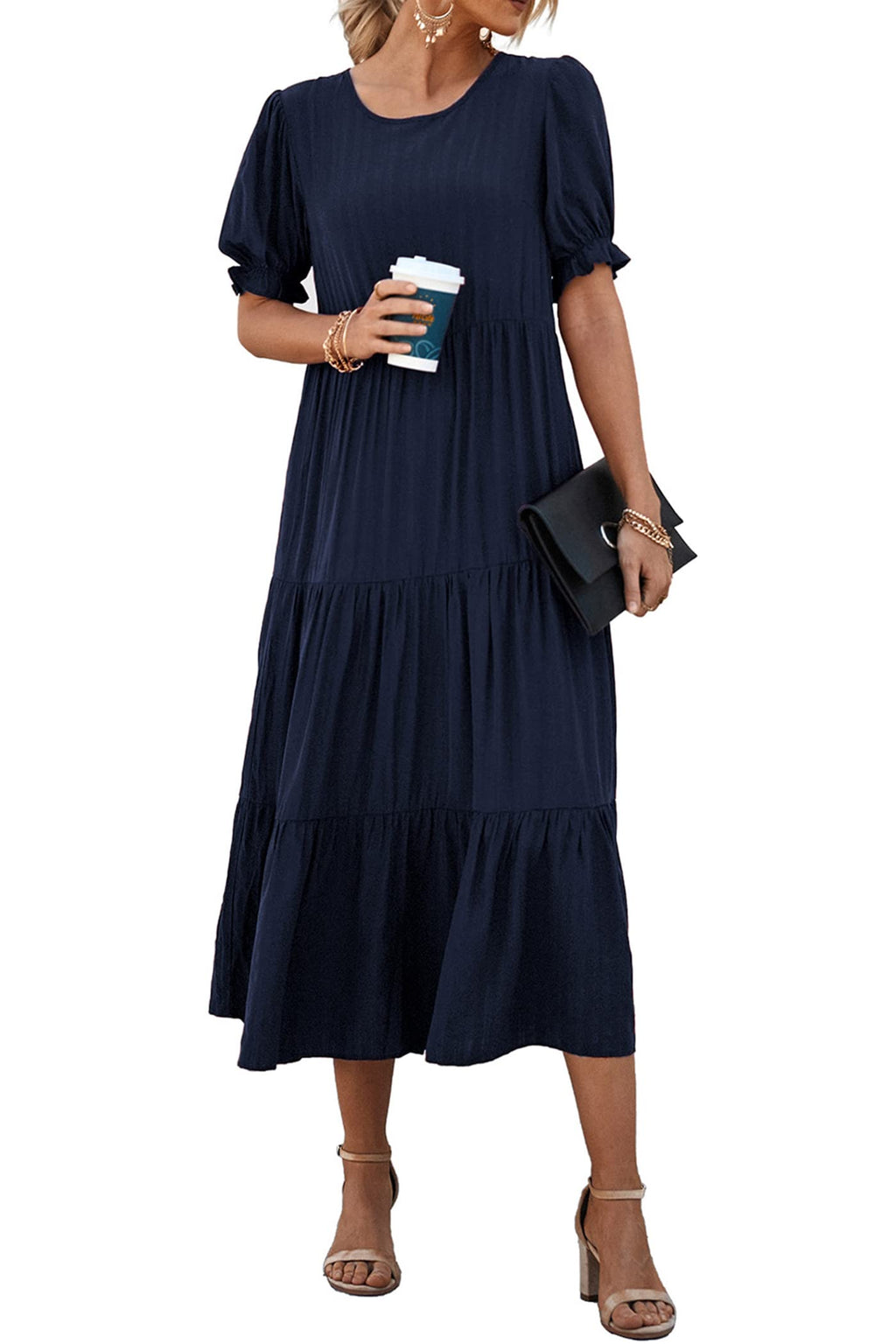 PRETTYGARDEN Summer Dresses for Women Casual Floral Boho Midi Sun Dress Puff Short Sleeve Flowy Beach Vacation Sundress
