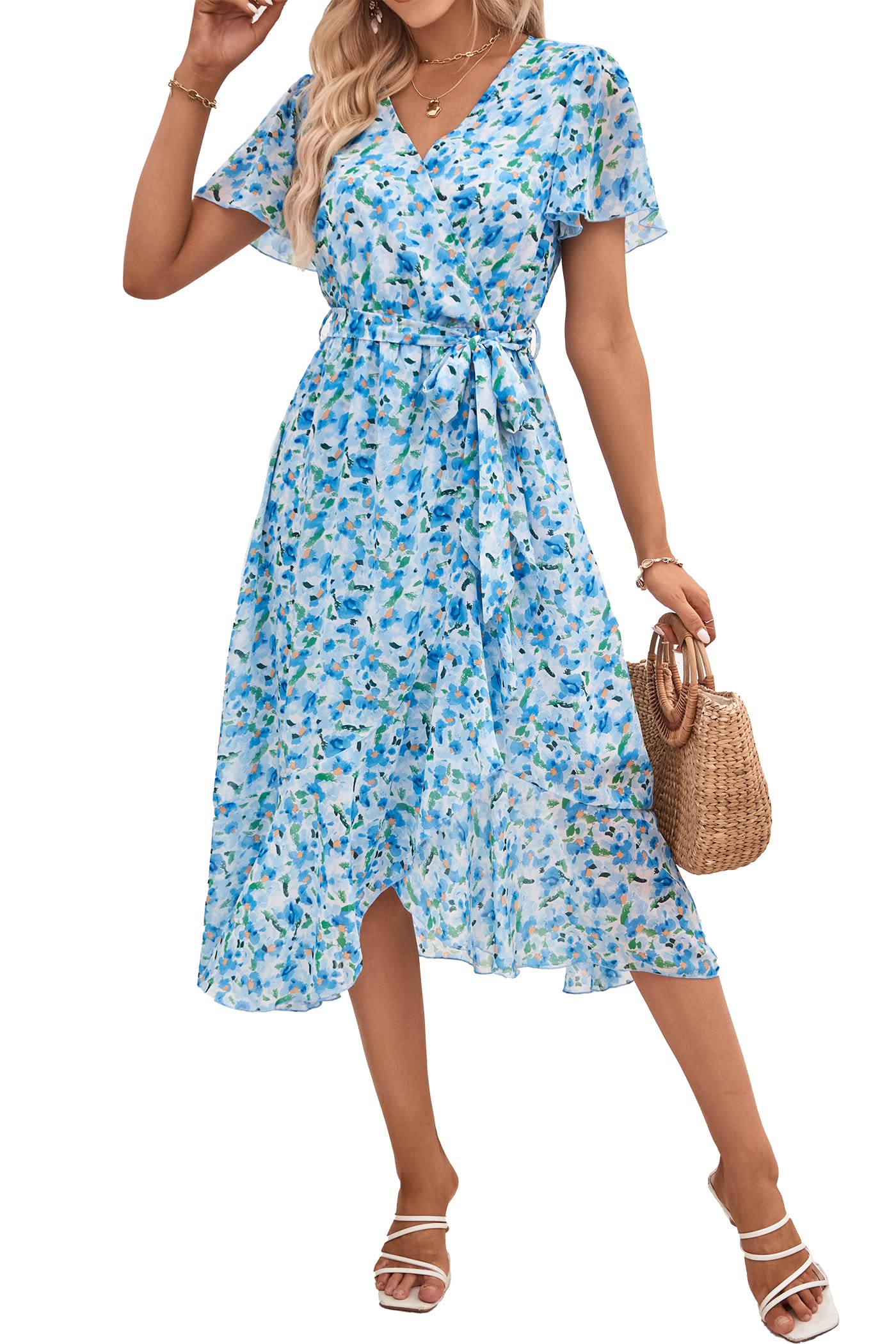 PRETTYGARDEN Women's Summer Floral Boho Maxi Dress Wrap Short Sleeve V Neck Ruffle A-Line Flowy Wedding Guest Long Dresses