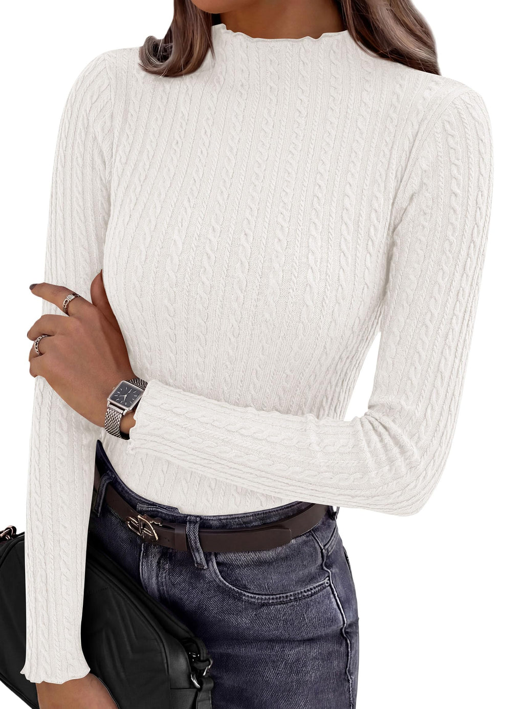 PRETTYGARDEN Women's Fall Long Sleeve Fitted Shirts | Comfy Stretchy Cable Knit, Trendy Lettuce Trim Mock Neck, Casual Basic Tees, Cute Layering Tops, 2026 Fashion Clothing