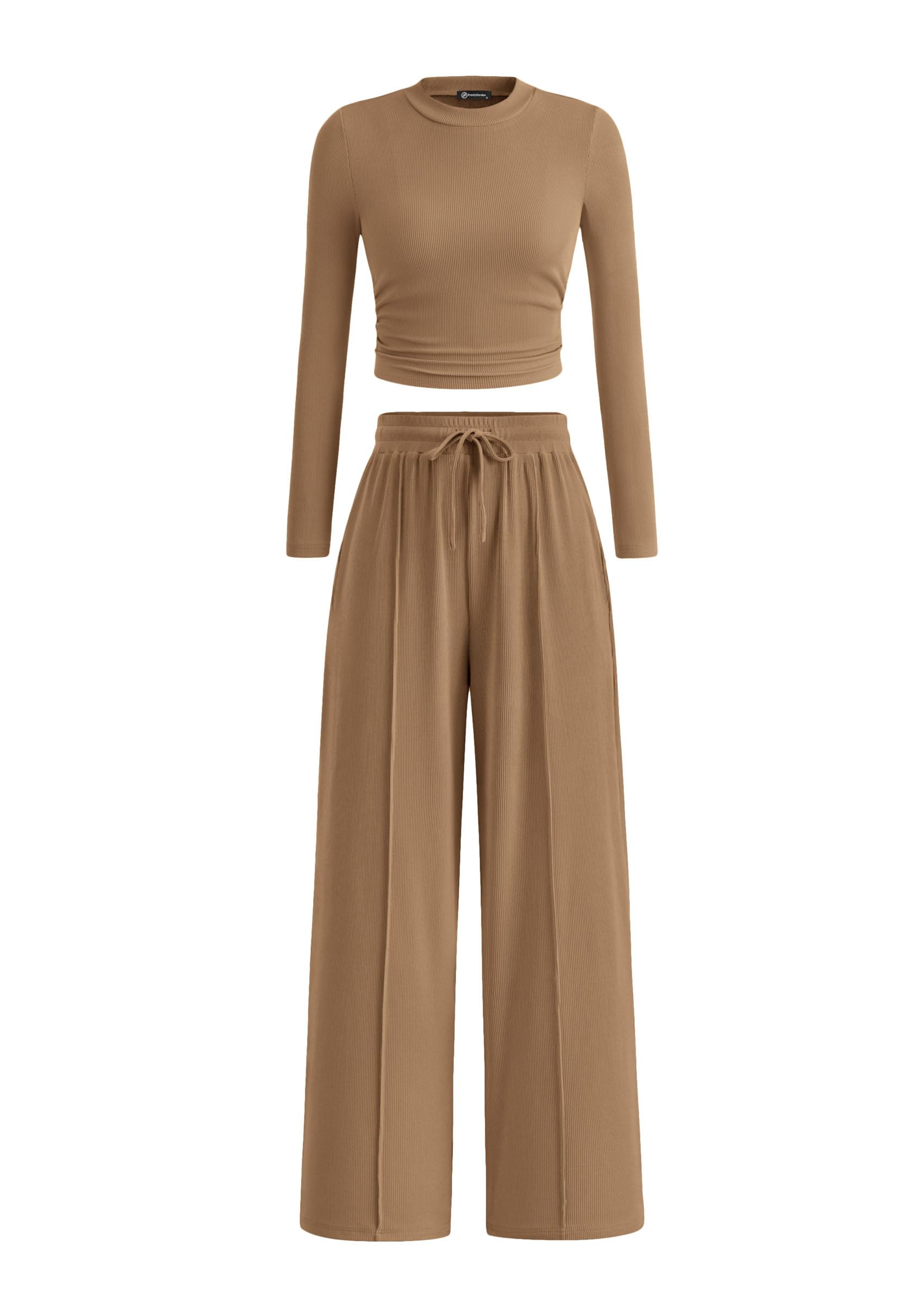 PRETTYGARDEN Women's 2 Piece Loungewear Long Sleeve Crop Top Wide Leg Palazzo Pants Set Tracksuits Casual Outfit