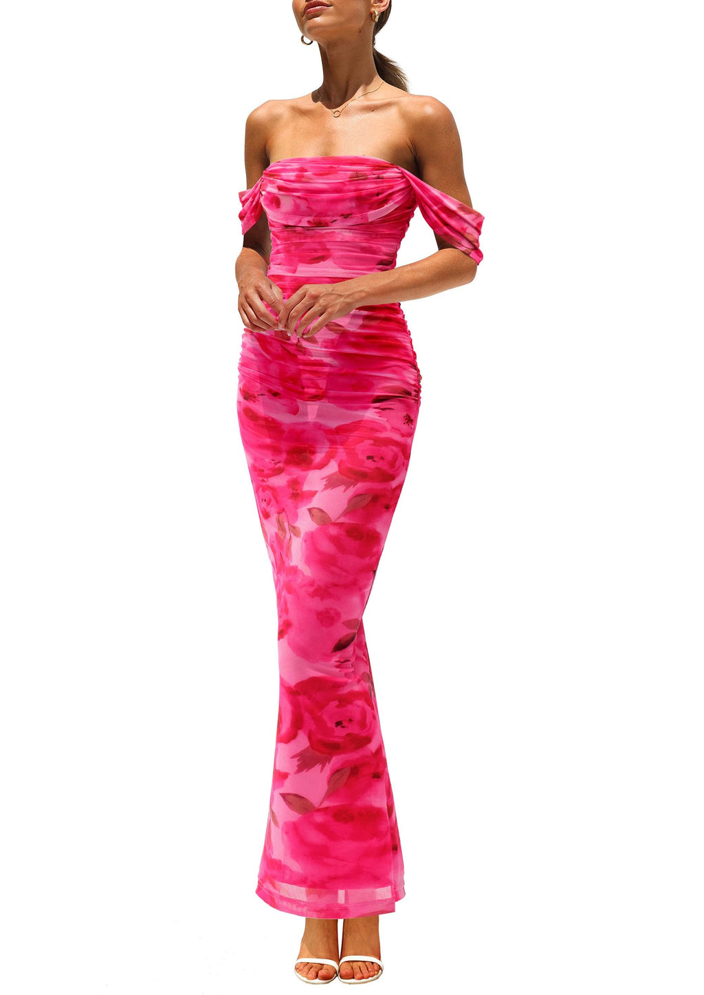 PRETTYGARDEN Cocktail Dresses for Women Summer Floral Off Shoulder Ruched Mesh Elegant Wedding Guest Maxi Dress