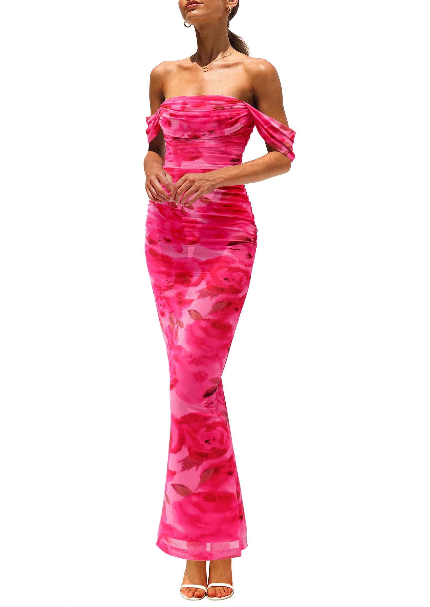 PRETTYGARDEN Cocktail Dresses for Women Summer Floral Off Shoulder Ruched Mesh Elegant Wedding Guest Maxi Dress