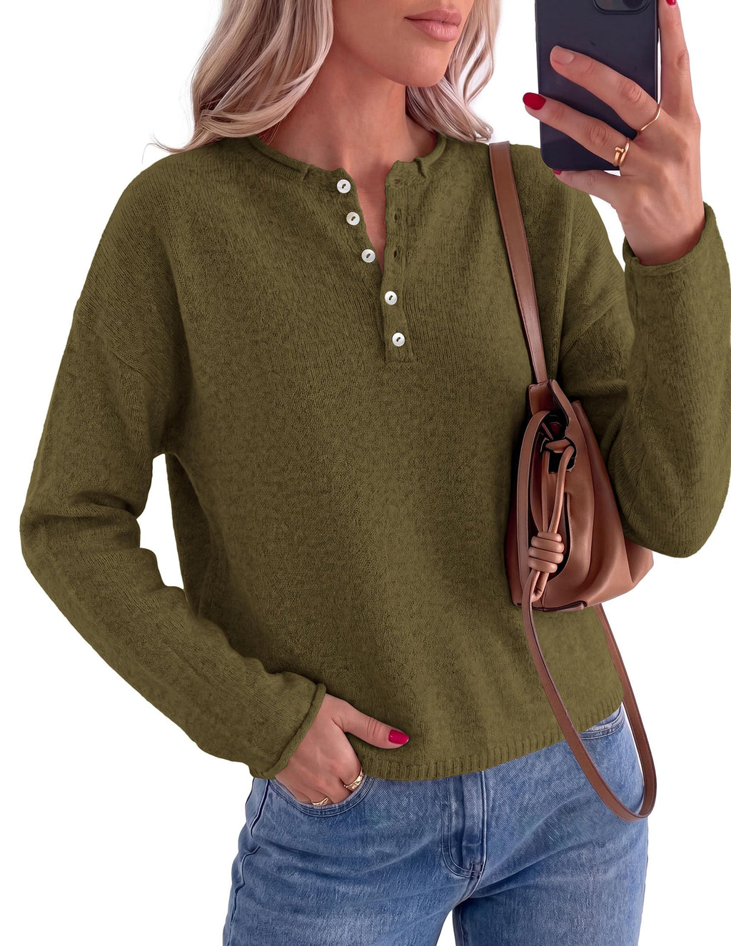 PRETTYGARDEN Women's Fall Button Up Cozy Pullover Sweaters | Stretchy Soft Knit, Drop Shoulder Long Sleeve Tops, Henley Crewneck Rolled Edge, Dressy Casual Blouses, Trendy Winter Clothes