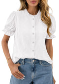 PRETTYGARDEN Womens Puff Short Sleeve Tops  Summer Spring Button Down Boho Embroidered Cute Blouse Dressy Casual Shirts