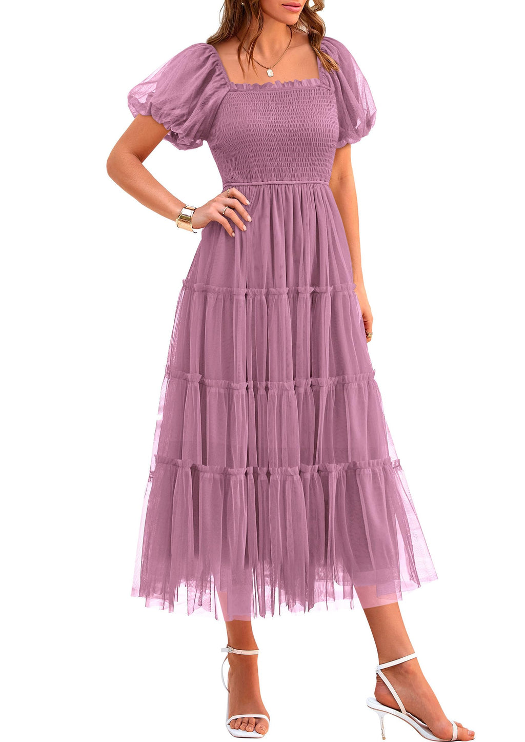 PRETTYGARDEN Women's Smocked Midi Tulle Dress  Summer Puffy Short Sleeve Square Neck Ruffle Wedding Guest Party Dresses