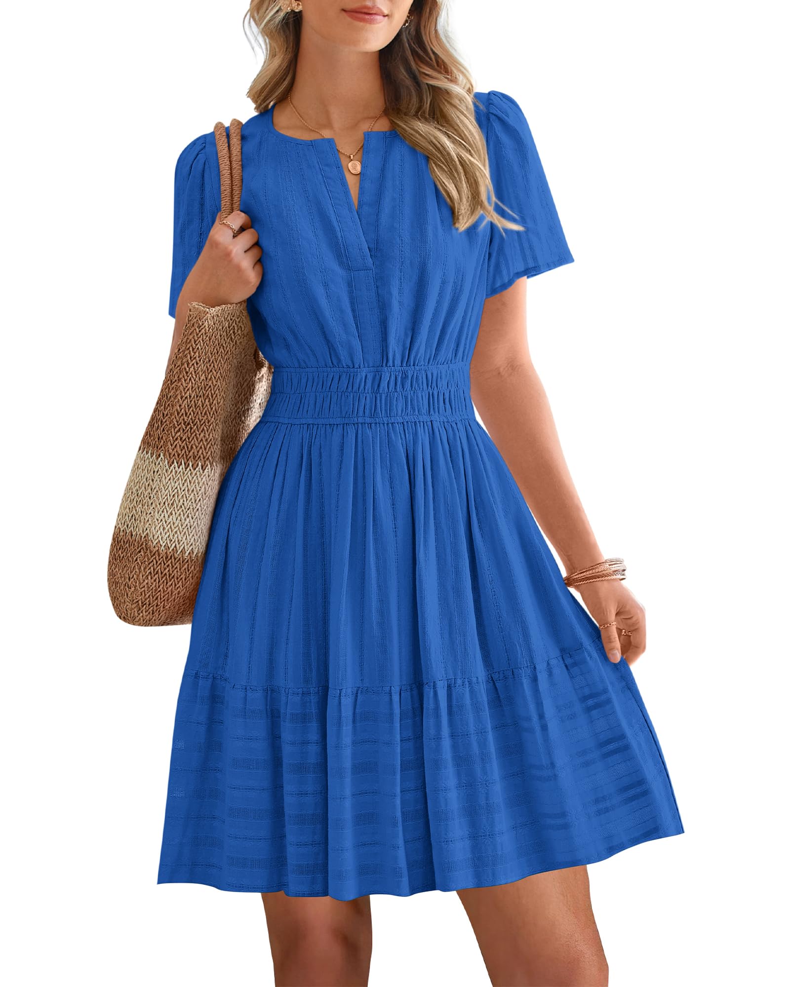 BTFBM Womens Spring  Casual Mini Dresses Lightweight Short Sleeve V Neck Elastic Waist Cute Boho Beach Dress Pockets