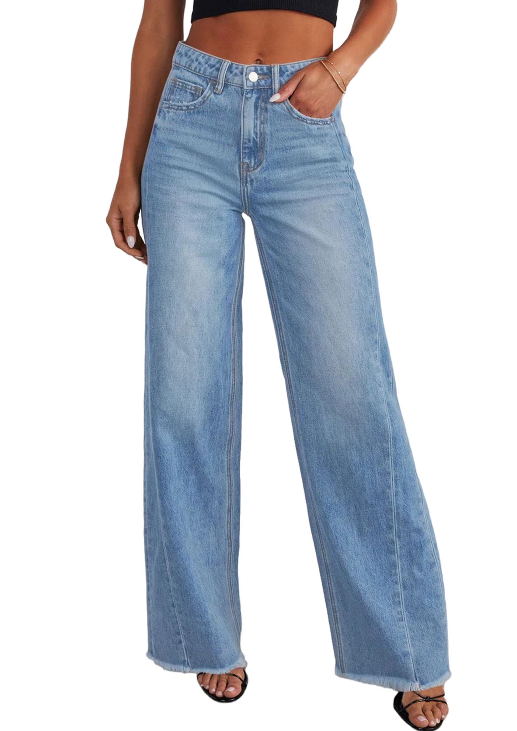 PRETTYGARDEN Wide Leg Jeans for Women Trendy High Waisted Stretchy Baggy Raw Hem Denim Palazzo Pants Fall Clothes