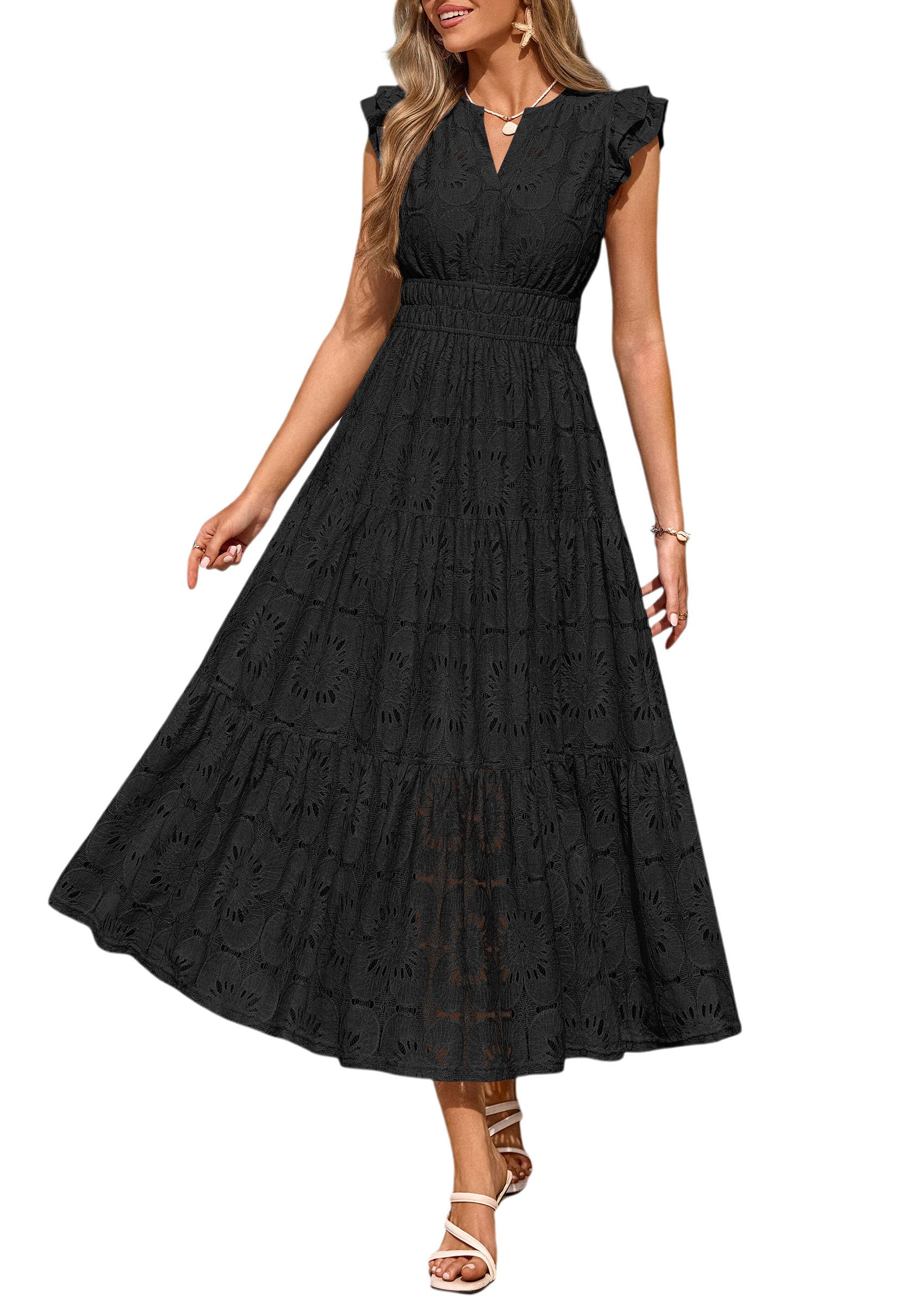 PRETTYGARDEN Womens Boho Maxi Dresses Summer Floral Lace Eyelet V Neck Spring Wedding Guest Dress Beach Vacation Clothes
