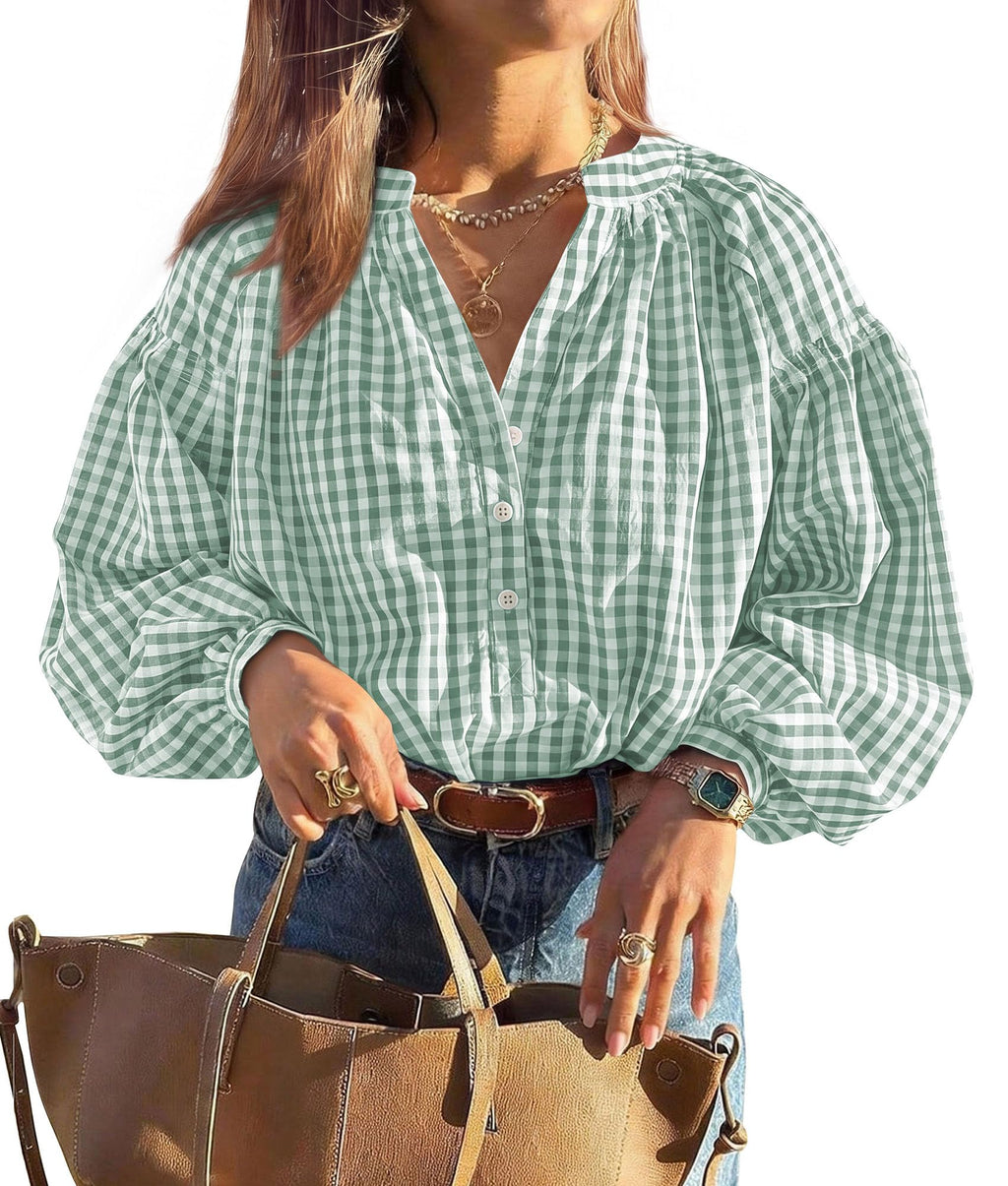 PRETTYGARDEN Women Fall Plaid Long Puff Sleeve Shirts V Neck Casual Blouses Gingham Button Down Oversized, Pleated Drop Shoulder Cotton Tops, Dressy Casual, Work Vacation Travel, Fall Outfits Trendy