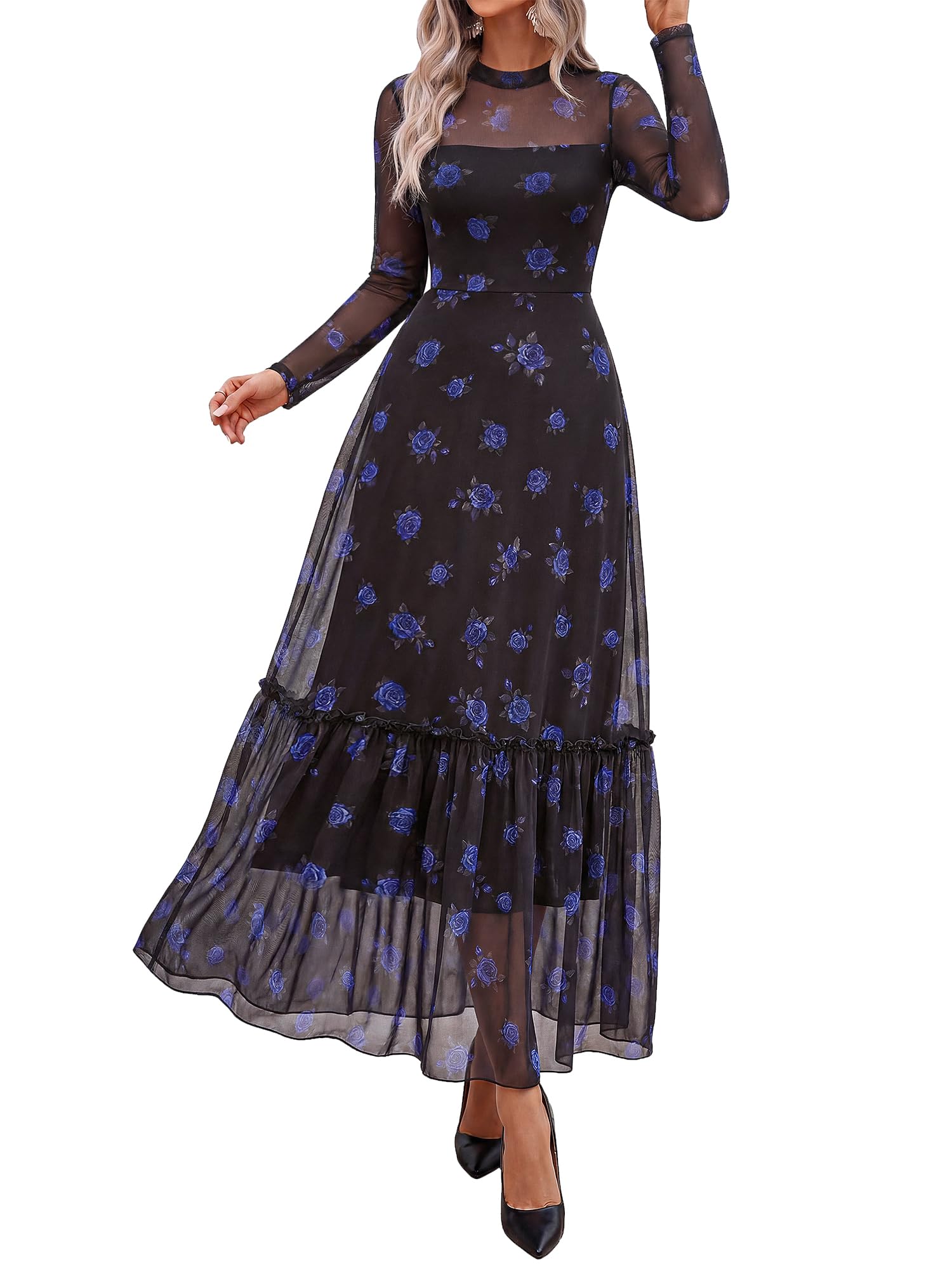 BTFBM Boho Mesh Long Sleeve Dress for Women | Mock Neck, Floral, A Line, Tiered, Graduation, Wedding, Cocktail Maxi Dresses, Fall Fashion, Resort Wear