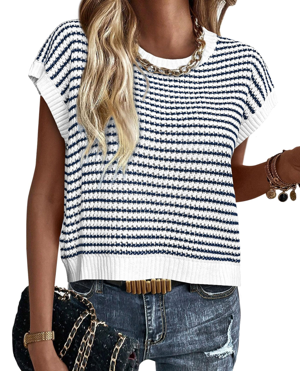 PRETTYGARDEN Womens Short Sleeve Sweater Spring Summer Round Neck Striped Pullover Cap Sleeve Knit Sweater Vest Tops