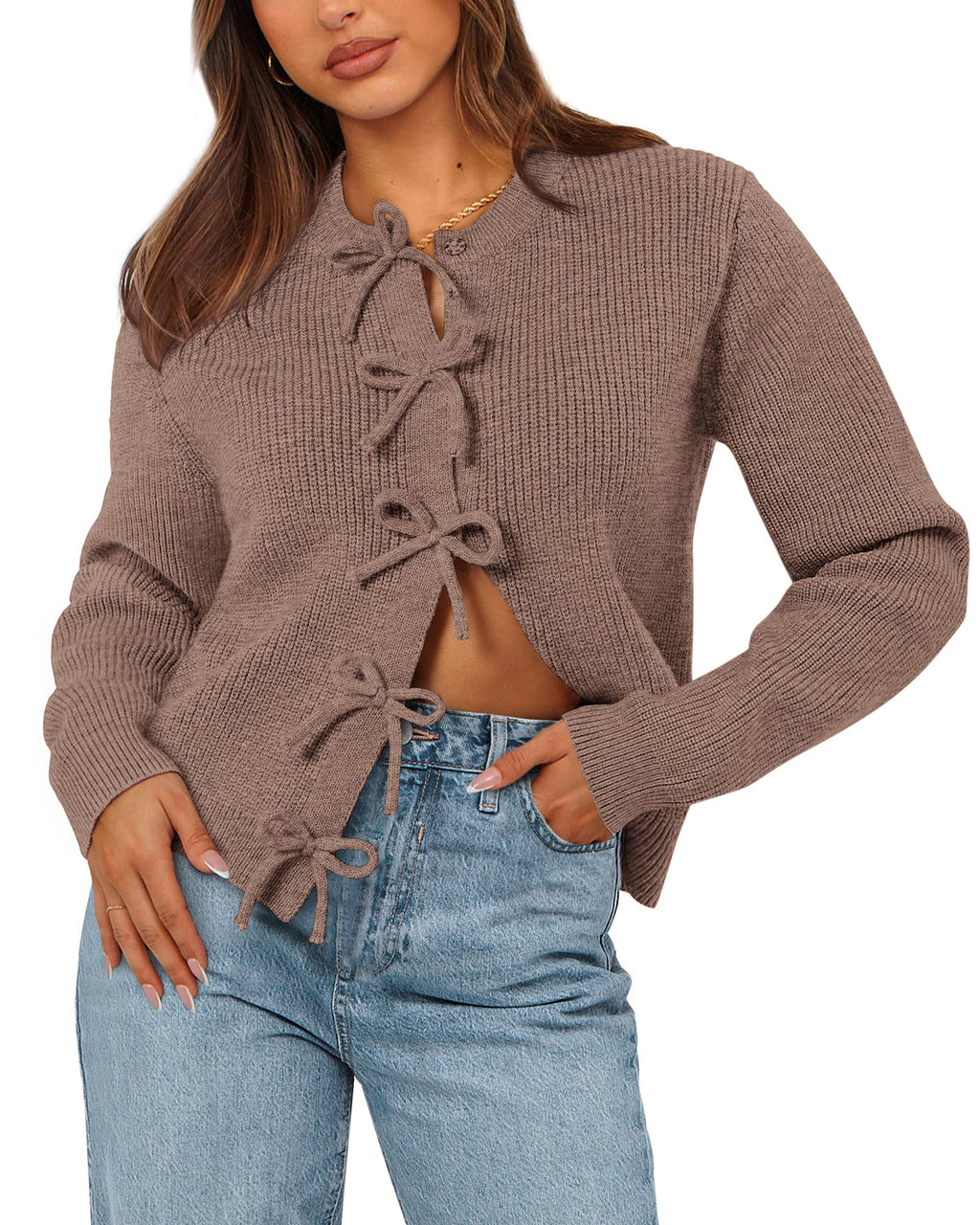 BTFBM Bow Cropped Cardigan Sweaters for Women Fall Winter Open Front Sweater Long Sleeve Button Fashion Spring Clothes