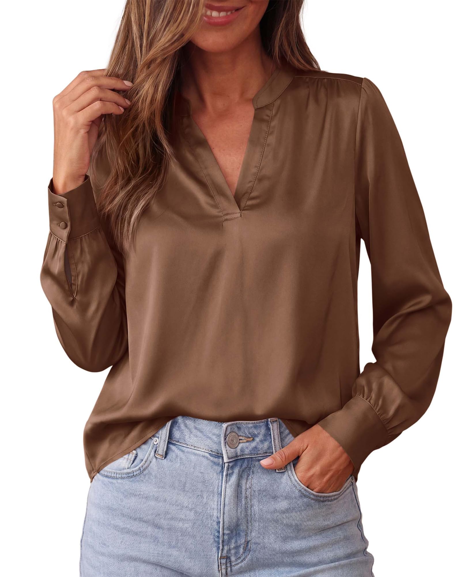 BTFBM Satin Blouses for Women Dressy Casual | Lightweight,V Neck,Long Sleeve Tops,Going Out Outfits,Fall Fashion Clothing