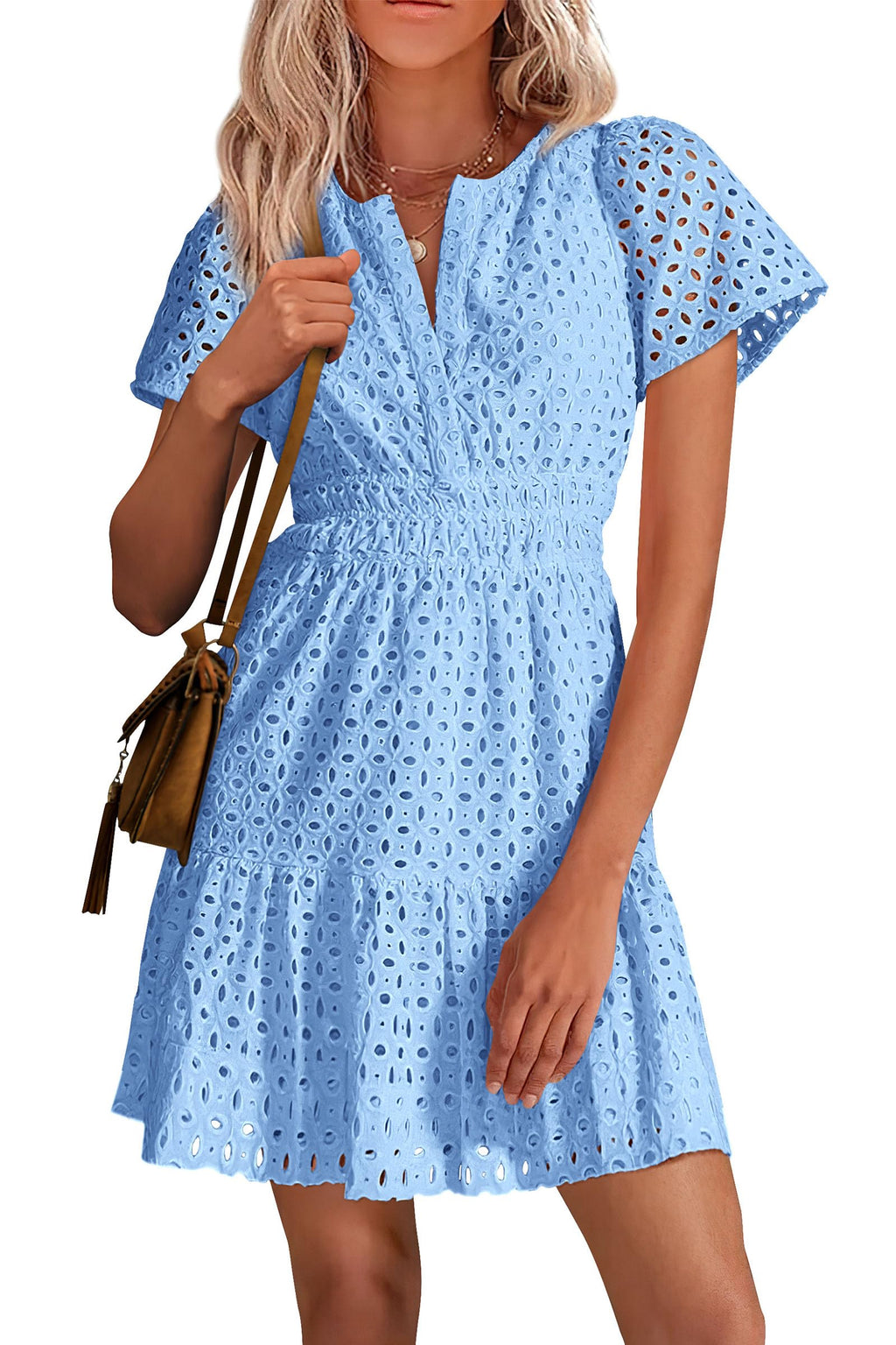 PRETTYGARDEN Womens Summer Short Dress V Neck Short Sleeve A Line Hollow Out Lace Ruffle Cute Casual Beach Party Dresses