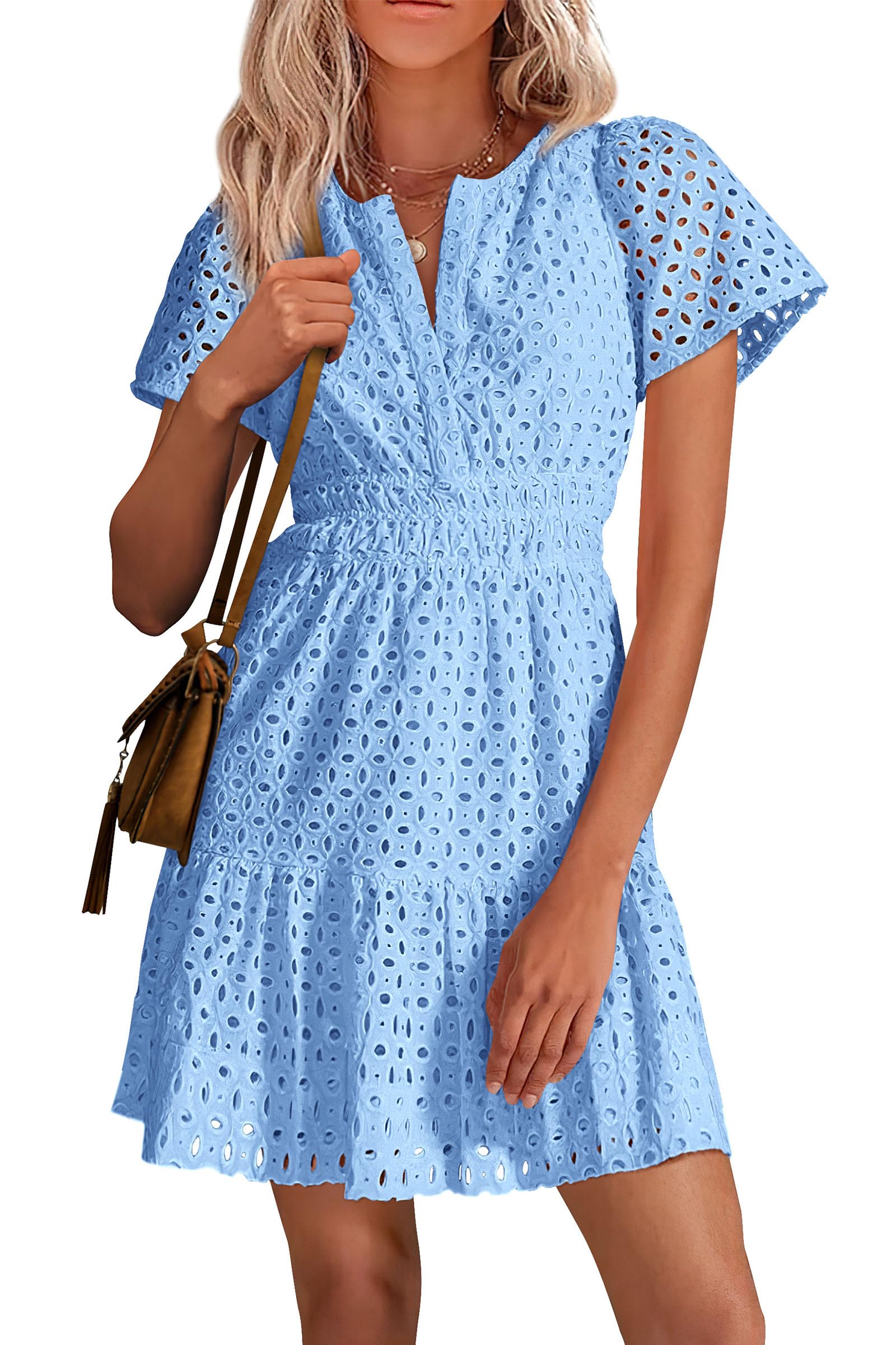 PRETTYGARDEN Womens Summer Short Dress V Neck Short Sleeve A Line Hollow Out Lace Ruffle Cute Casual Beach Party Dresses