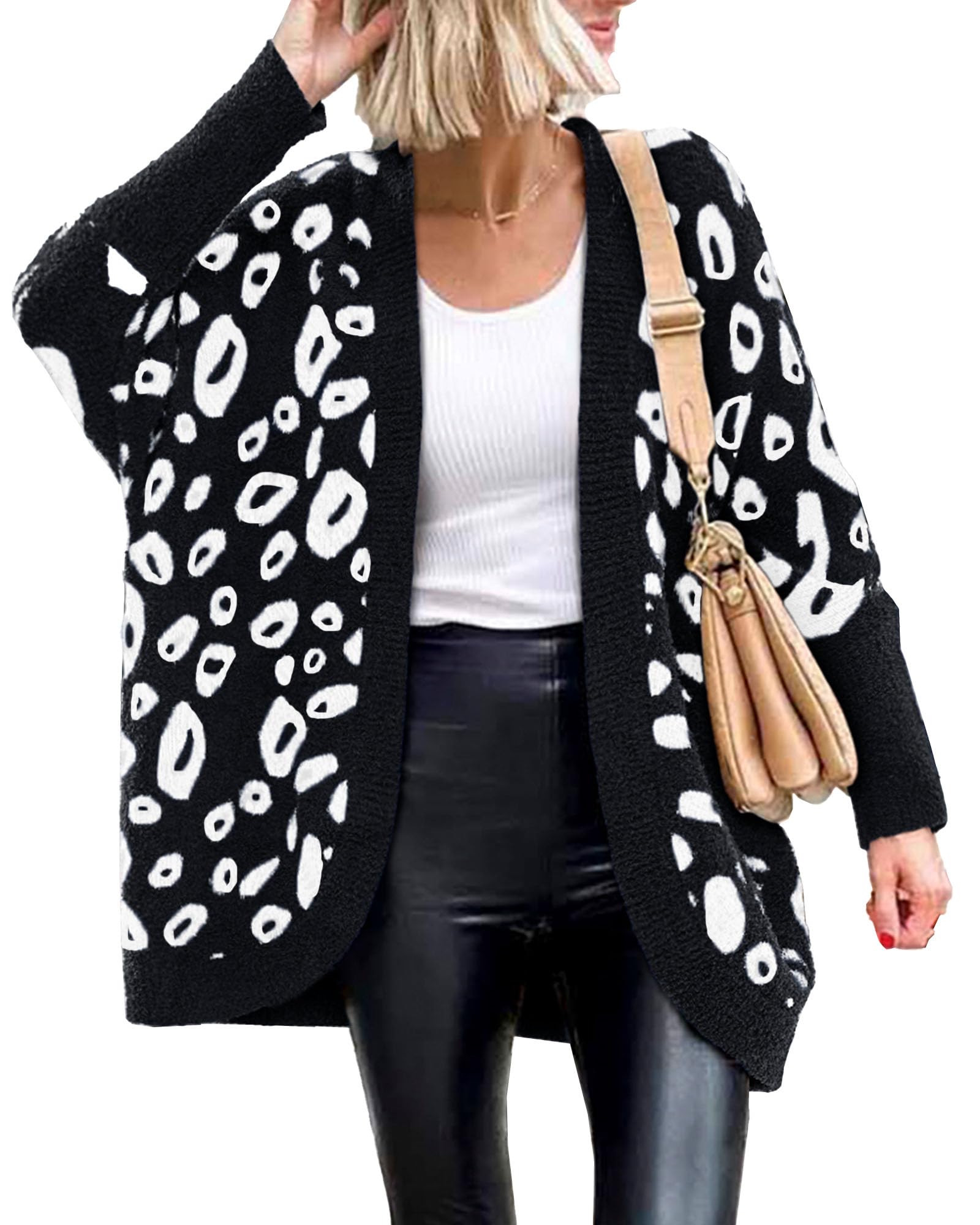 FreshPretty Leopard Cardigan for Women Long Sleeve Open Front Cardigans Sweaters Pockets Loose Knit Fall Winter Outwear