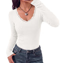 BTFBM Lace Deep V Neck Fitted Long Sleeve Shirts for Women | Womens Fall Fashion, Casual T Shirt, Base Layer, Basic Undershirts, Slim Fit Going Out Tops, Date Night Out Outfits