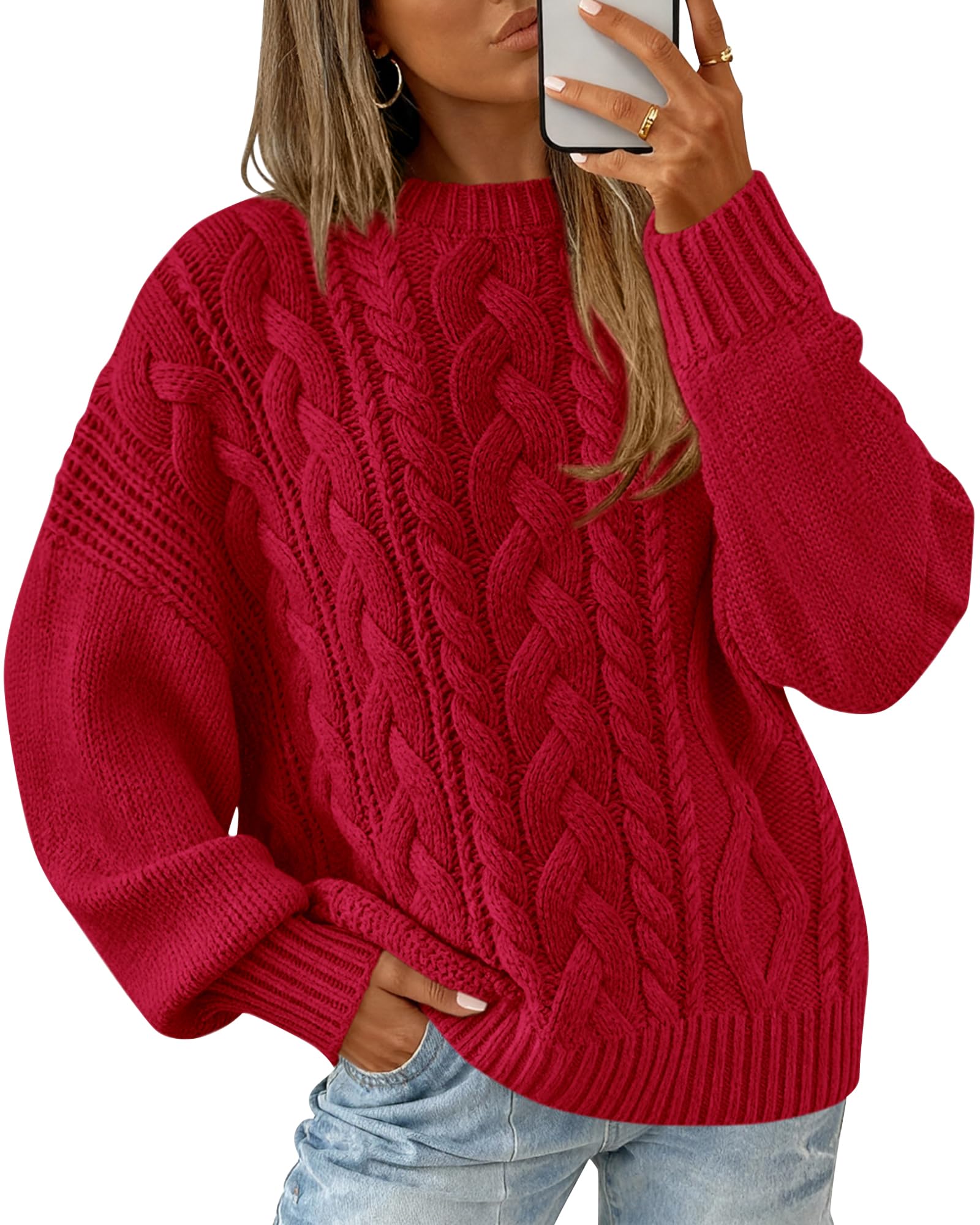 BTFBM Women's Oversized Sweaters Batwing Long Sleeve Cable Knit Crewneck Pullover Tops Fall Outfits Winter Clothing