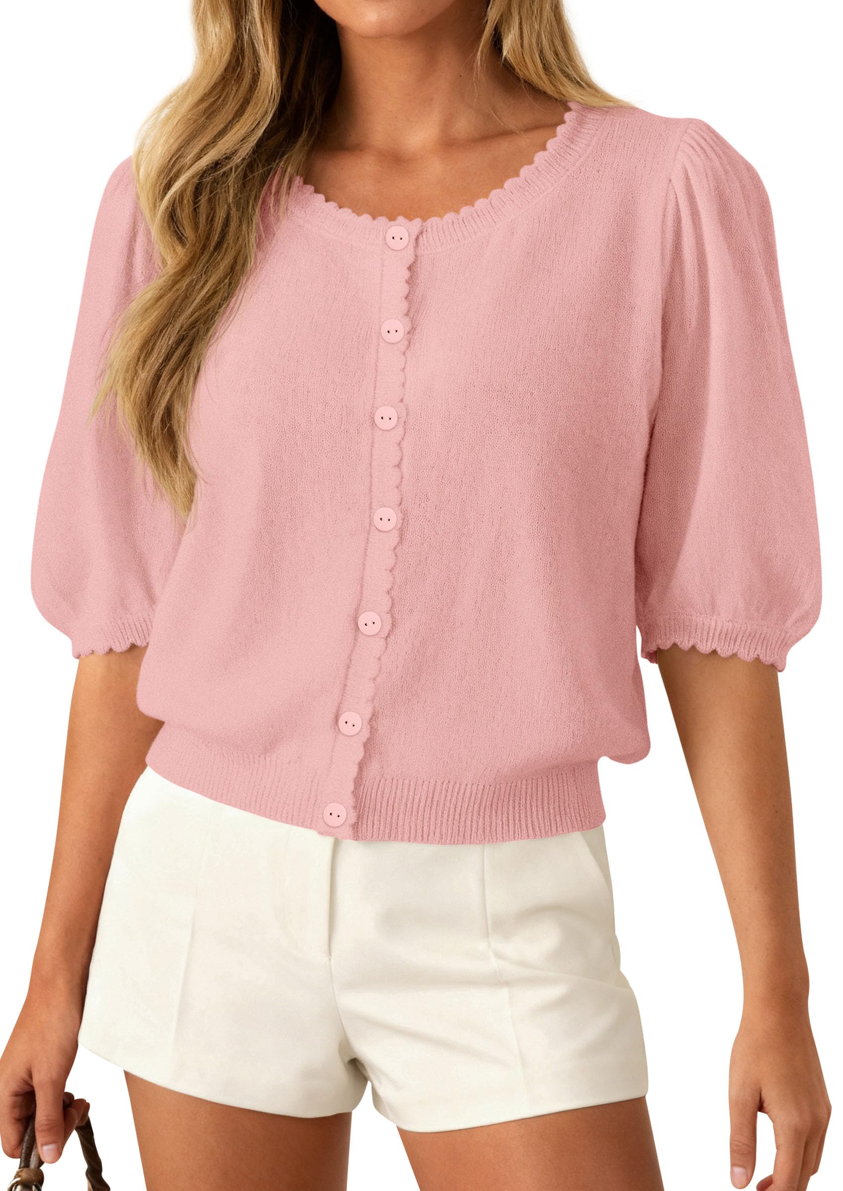 PRETTYGARDEN Puff Short Sleeve Cardigans for Women Lightweight Summer Shirts Button Up Knit Sweater Tops Spring Clothes
