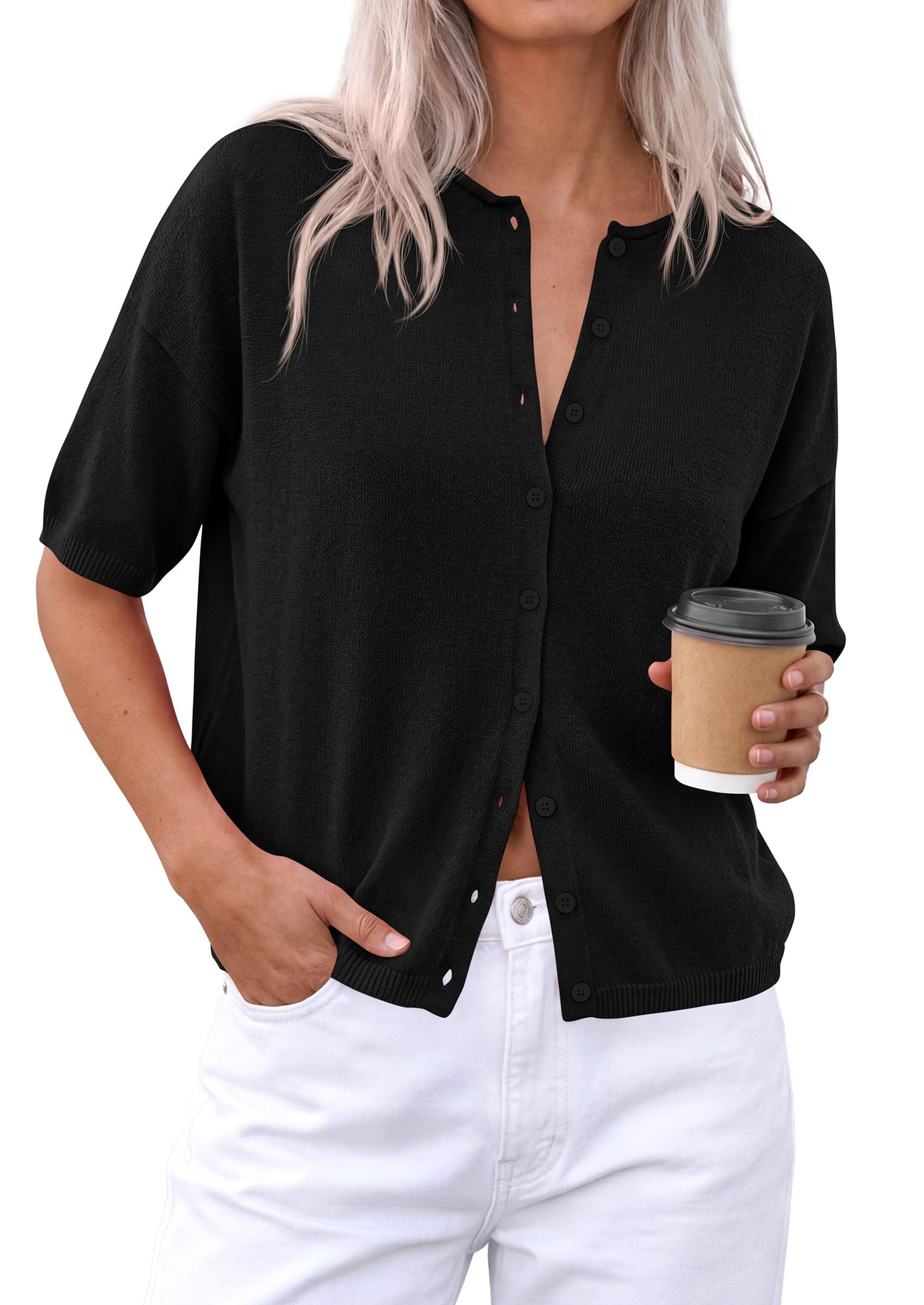 PRETTYGARDEN Women Spring Short Sleeve Cardigan Sweaters Button Down Knit Shirt Blouse Dressy Casual Tops Summer Outfits