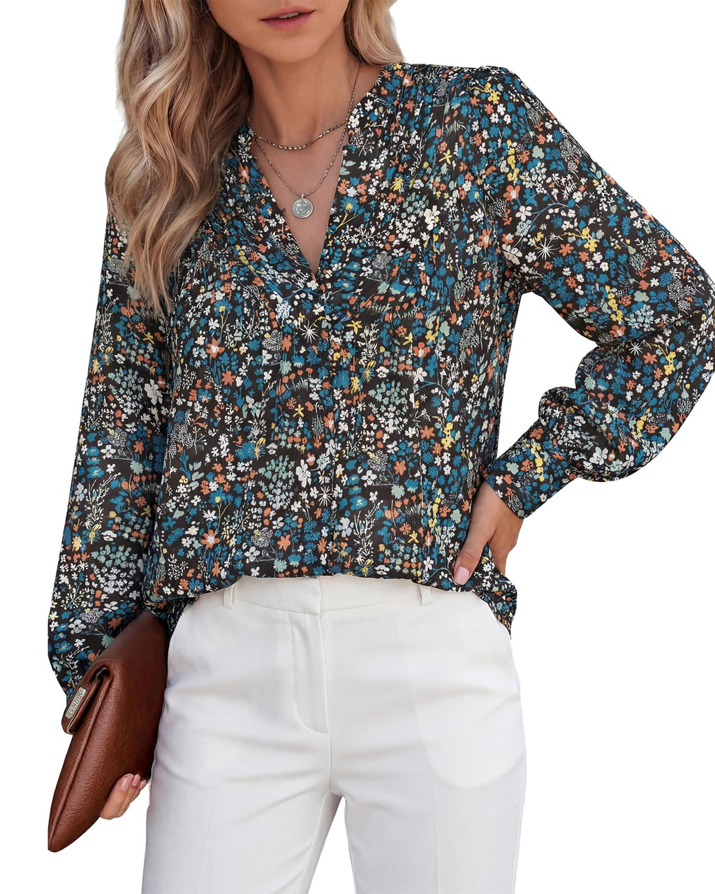 BTFBM Womens Tops Dressy Casual Spring Boho Floral V Neck Long Sleeve Half Button Down Shirt Work Business Blouses