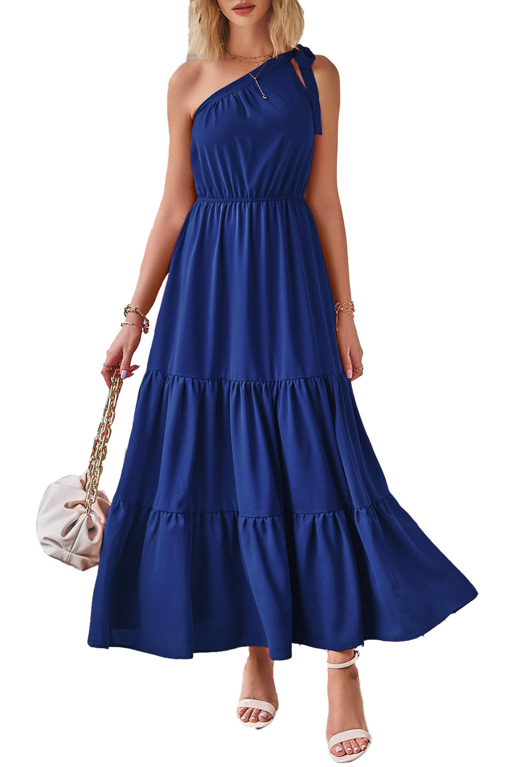 PRETTYGARDEN Women's Summer Floral One Shoulder Maxi Dress Knot Ruffle Boho Beach Vacation Wedding Guest Long Sun Dresses