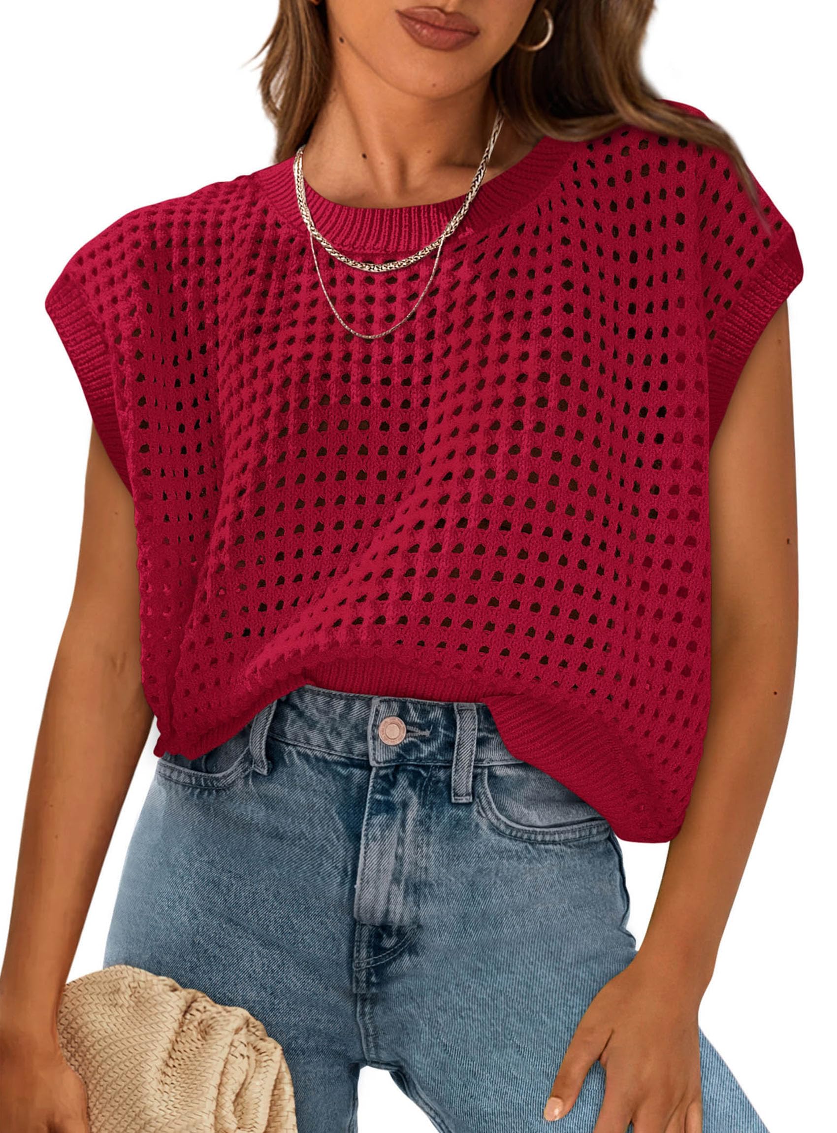 PRETTYGARDEN Womens Spring Tops Summer Shirts Crochet Cap Sleeve Sweater Pullover Cute Beach Vacation Clothes