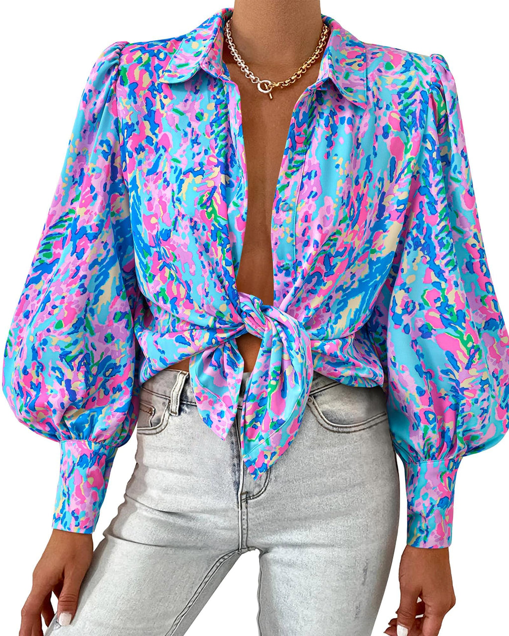 BTFBM Women Fashion Button Down Shirts V Neck Boho Printed Long Sleeve Blouses Dressy Casual Spring Fall Tops
