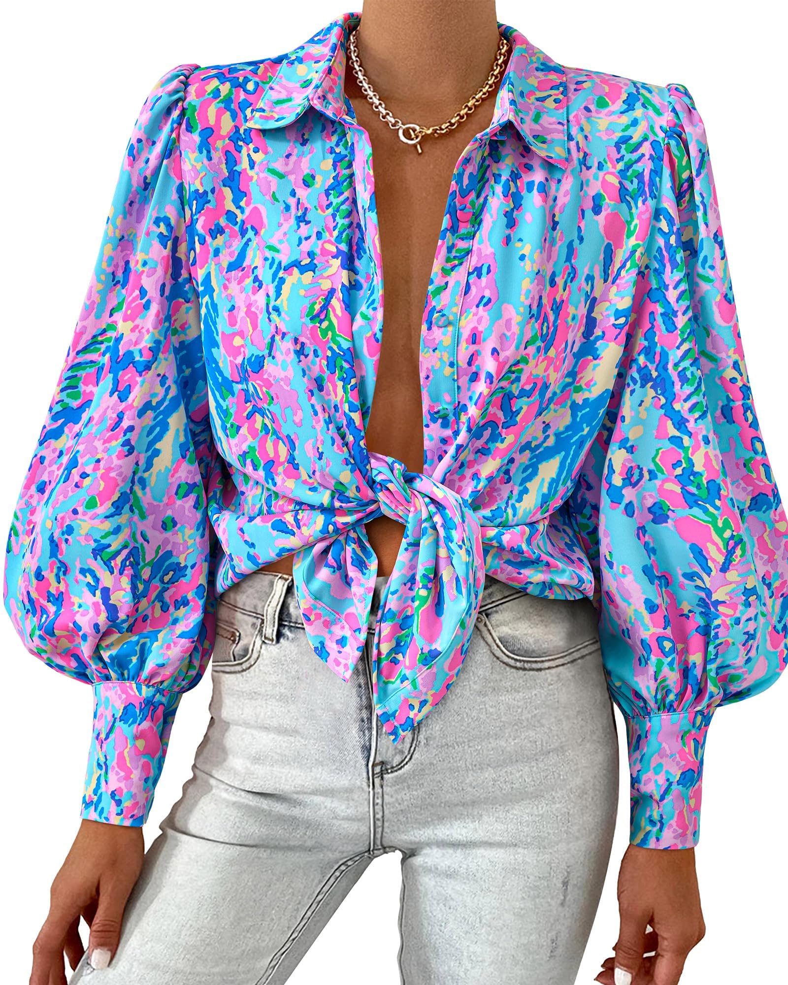 BTFBM Women Fashion Button Down Shirts V Neck Boho Printed Long Sleeve Blouses Dressy Casual Spring Fall Tops