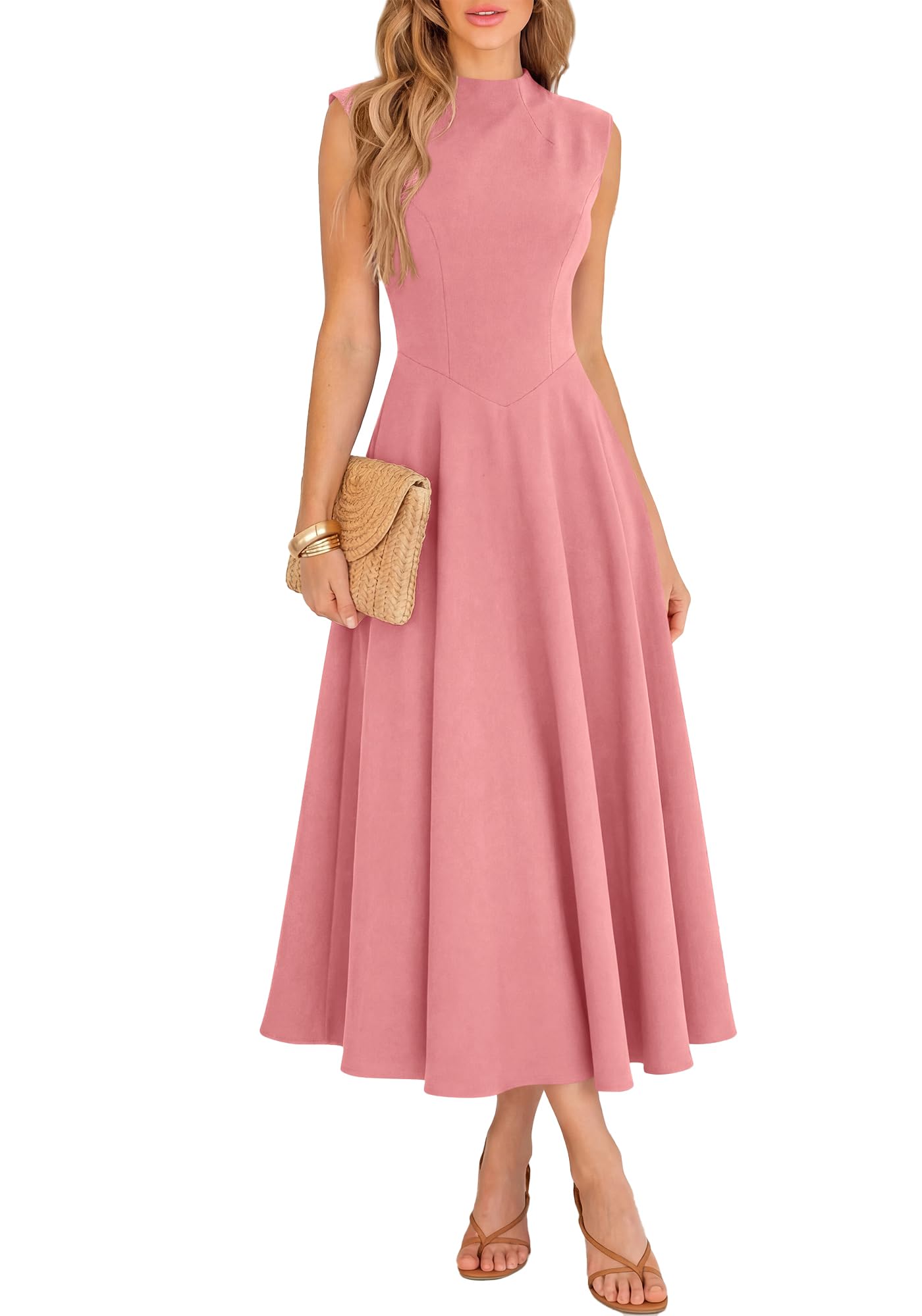 BTFBM Summer Dresses for Women Mock Neck Sleeveless High Waist Flowy Aline Maxi Spring Wedding Guest Dress Cocktail