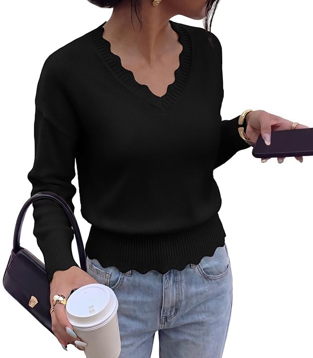 BTFBM Fall Long Sleeve Sweaters for Women | V Neck,Drop Shoulders,Scallop Edges,Lightweight Knit Sweaters Top,Daily Wear,Holiday,Christmas,Winter Clothing