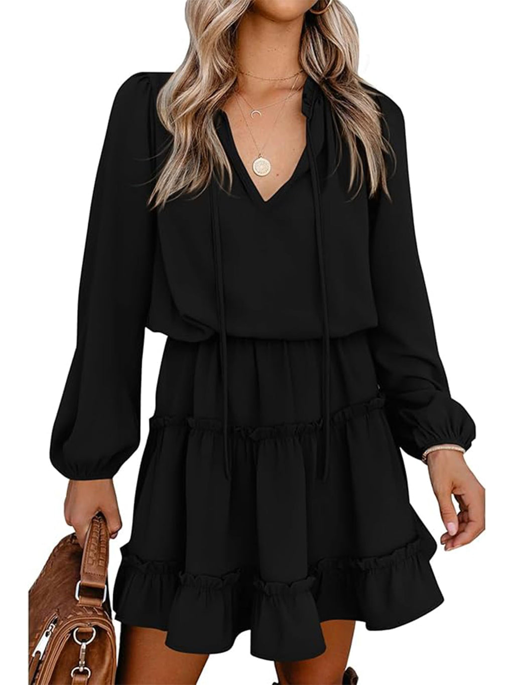 BTFBM Long Sleeve Summer Dresses for Women Casual Tie Neck Ruffle Tiered A Line Mini Spring Wedding Guest Dress