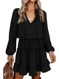 BTFBM Long Sleeve Summer Dresses for Women Casual Tie Neck Ruffle Tiered A Line Mini Spring Wedding Guest Dress