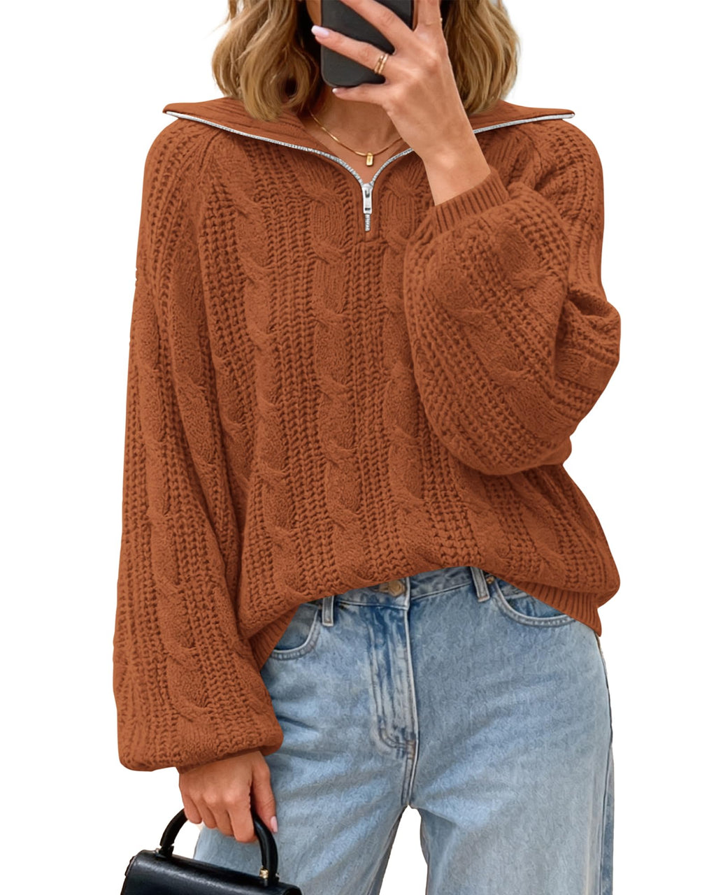 BTFBM Sweaters for Women Fall Fashion Loose Quarter Zip Pullover Collared Long Sleeve Cable Knit Winter Clothes
