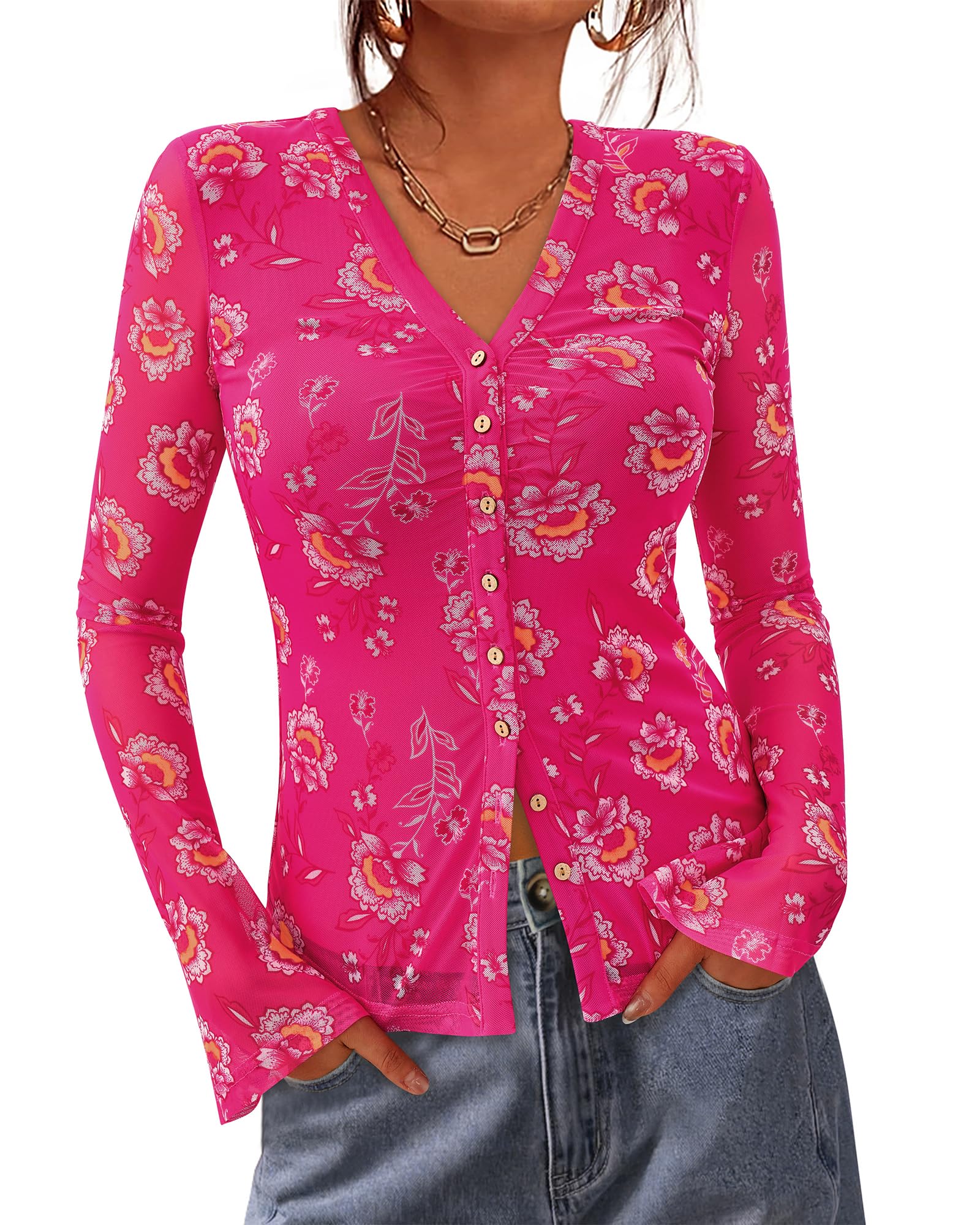 BTFBM Button Down Shirts for Women Spring Boho Tops V Neck Long Sleeve Blouses Ruched Mesh Fitted Fall Fashion
