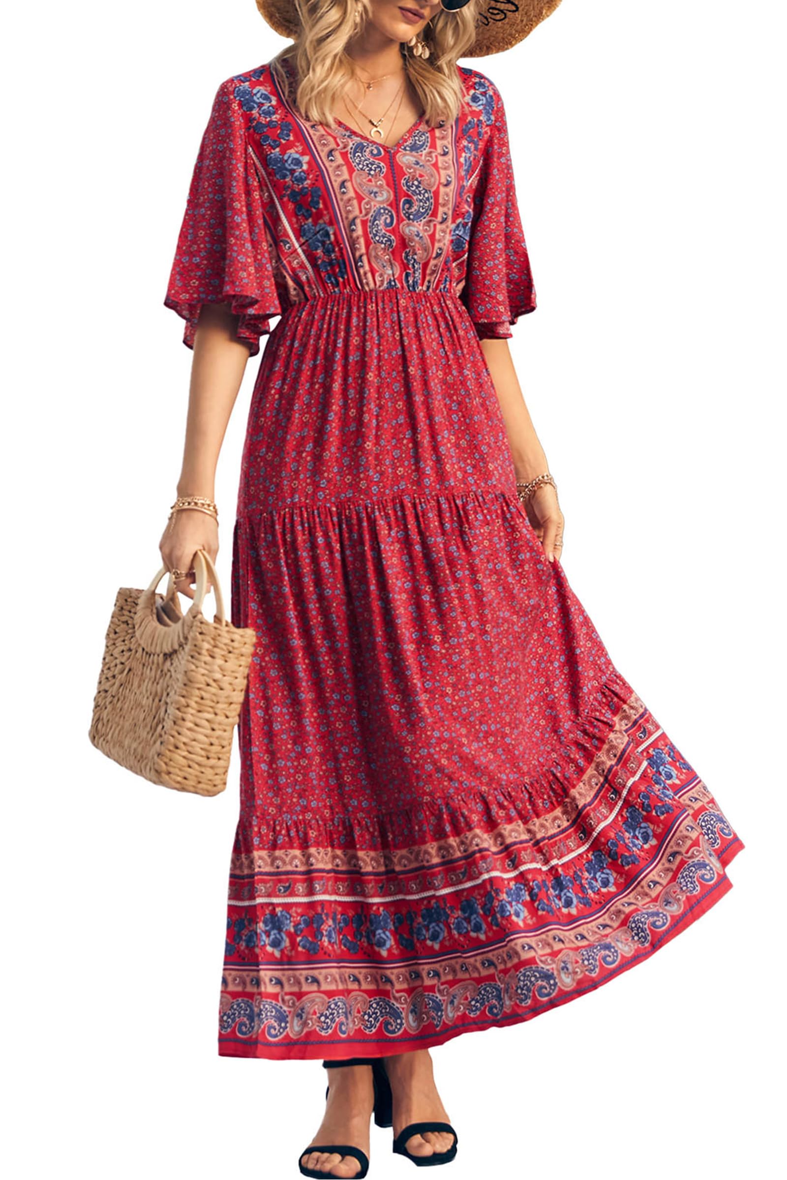 PRETTYGARDEN Women's Casual Summer Boho Floral Print Dress V Neck Short Sleeve High Waist Long Maxi Beach Dresses