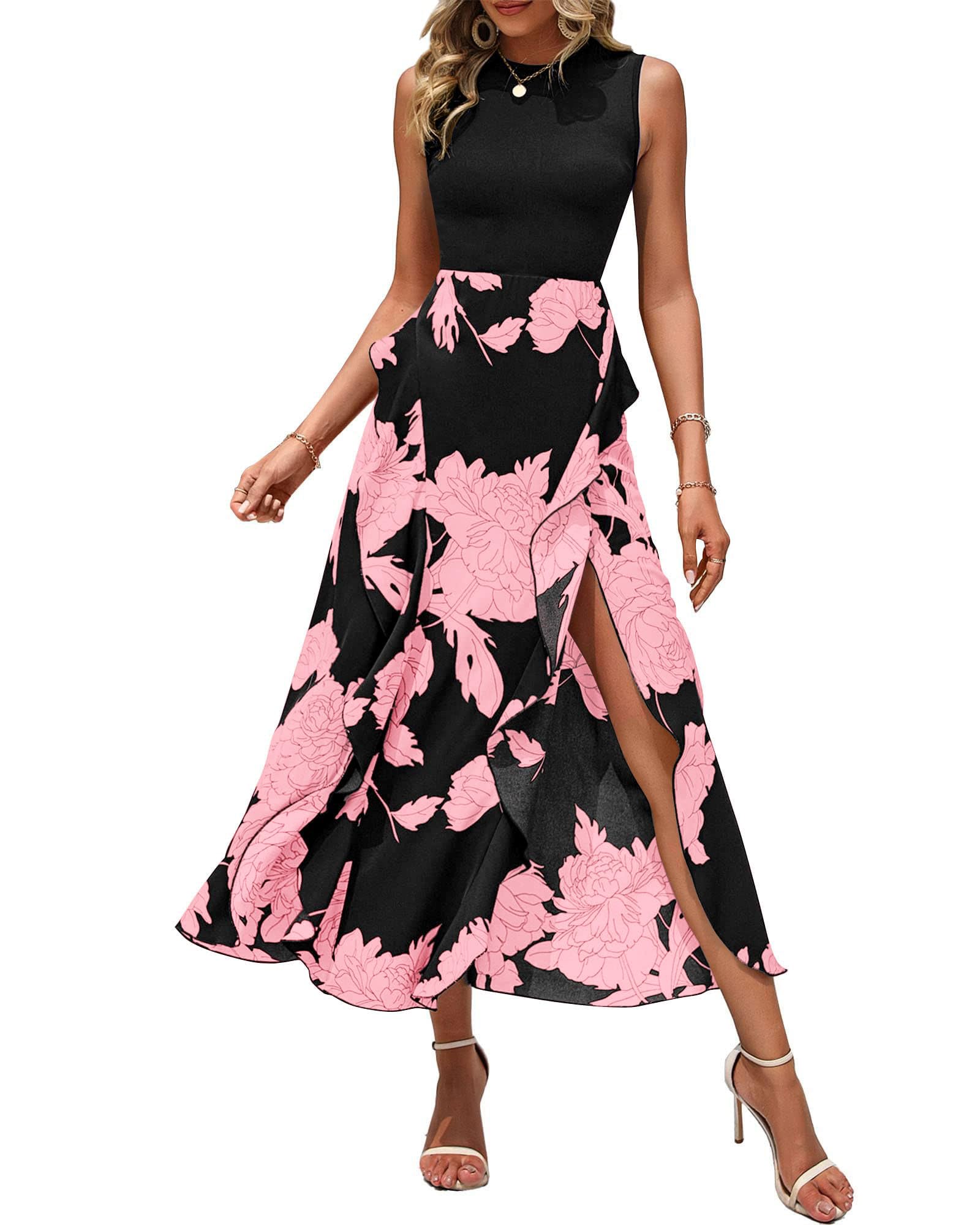 FreshPretty Women Casual Sleeveless Summer Dresses Spring Crewneck Patchwork Boho Floral Ruffle Cocktail Party Midi Dress
