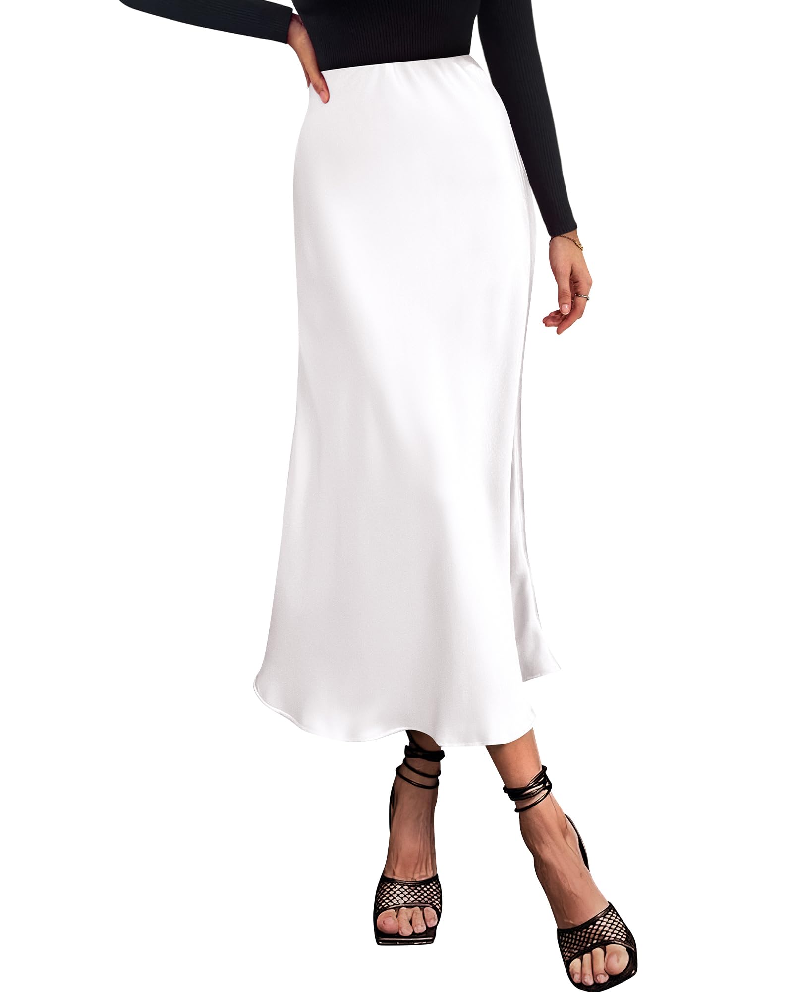 BTFBM Summer Womens Skirts Silk Elegant High Waist Flowy Long Satin A-Line Midi Skirt Cocktail Wedding Party