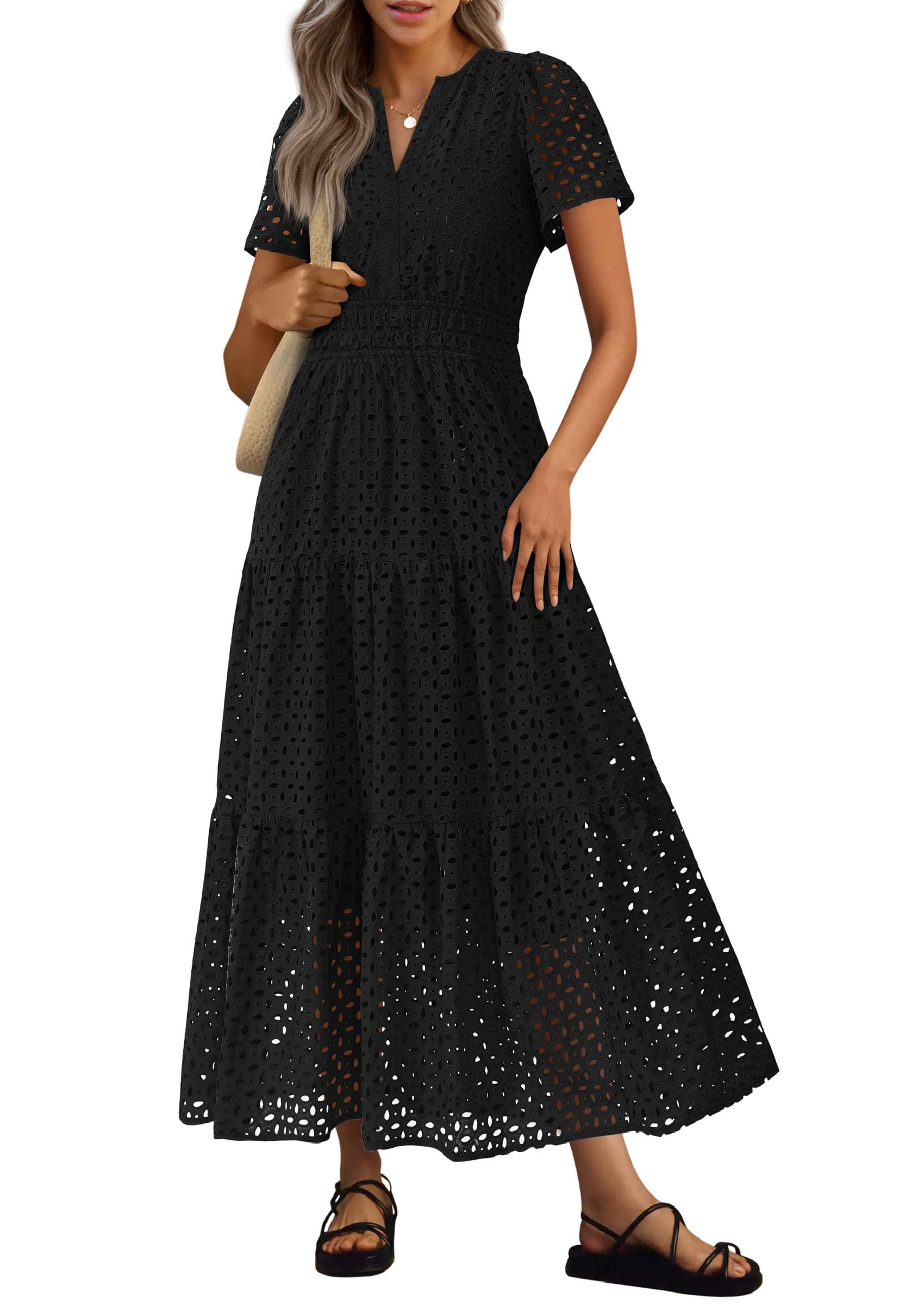 PRETTYGARDEN Womens Summer Maxi Dress Short Sleeve V Neck Hollow Out Eyelet A Line Long Flowy Beach Vacation Dresses